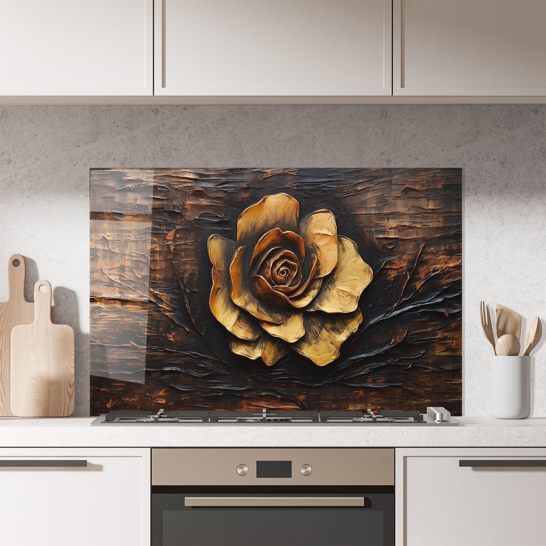 Panou Sticla Bucatarie Gold Rose On Wood mockup 7