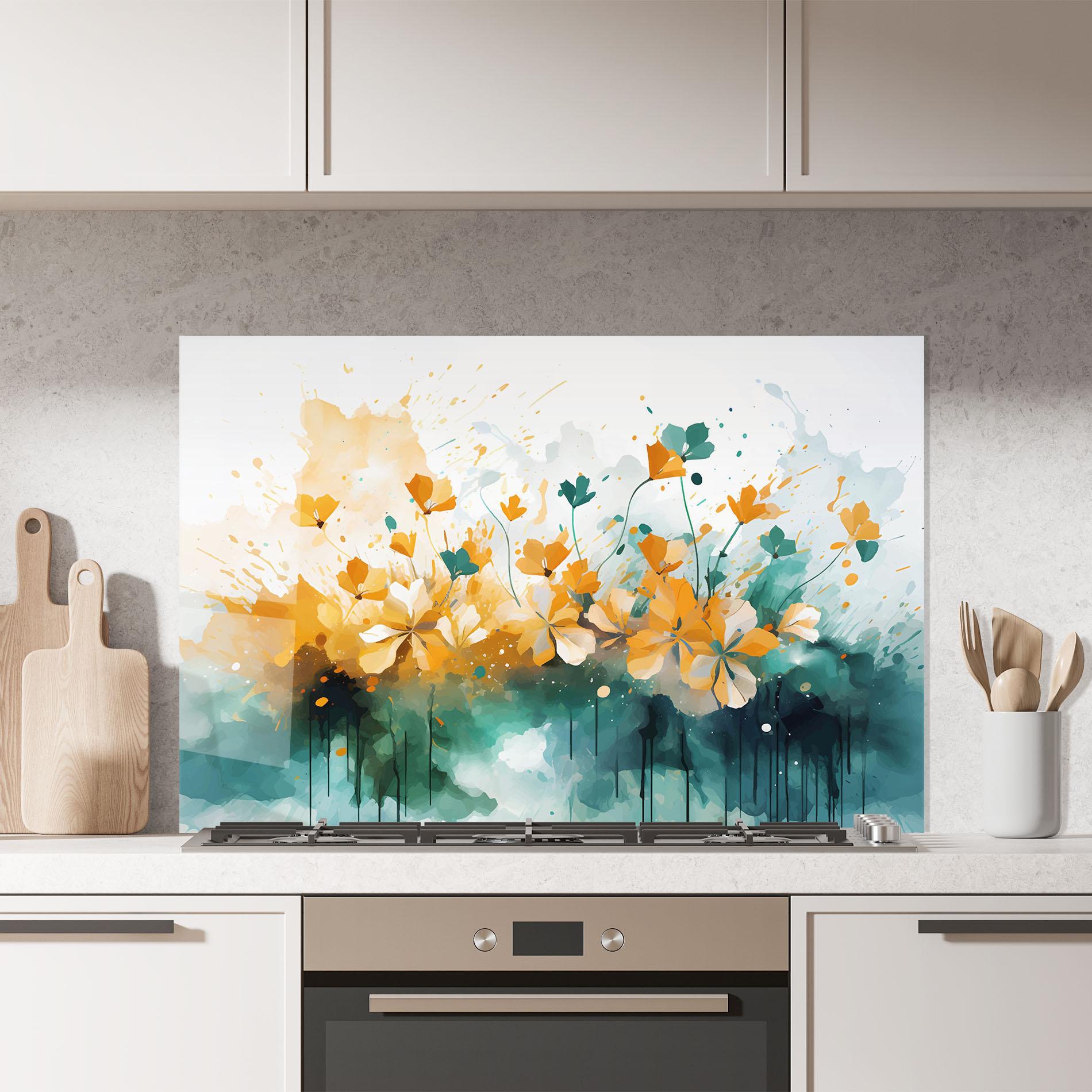 Panou Sticla Bucatarie Orange Green Flowers mockup 7