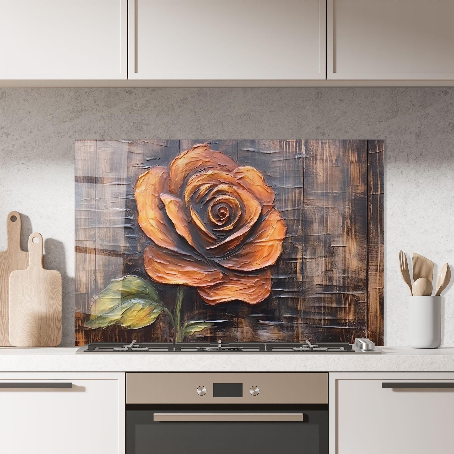 Panou Sticla Bucatarie Orange Rose On Wood mockup 7
