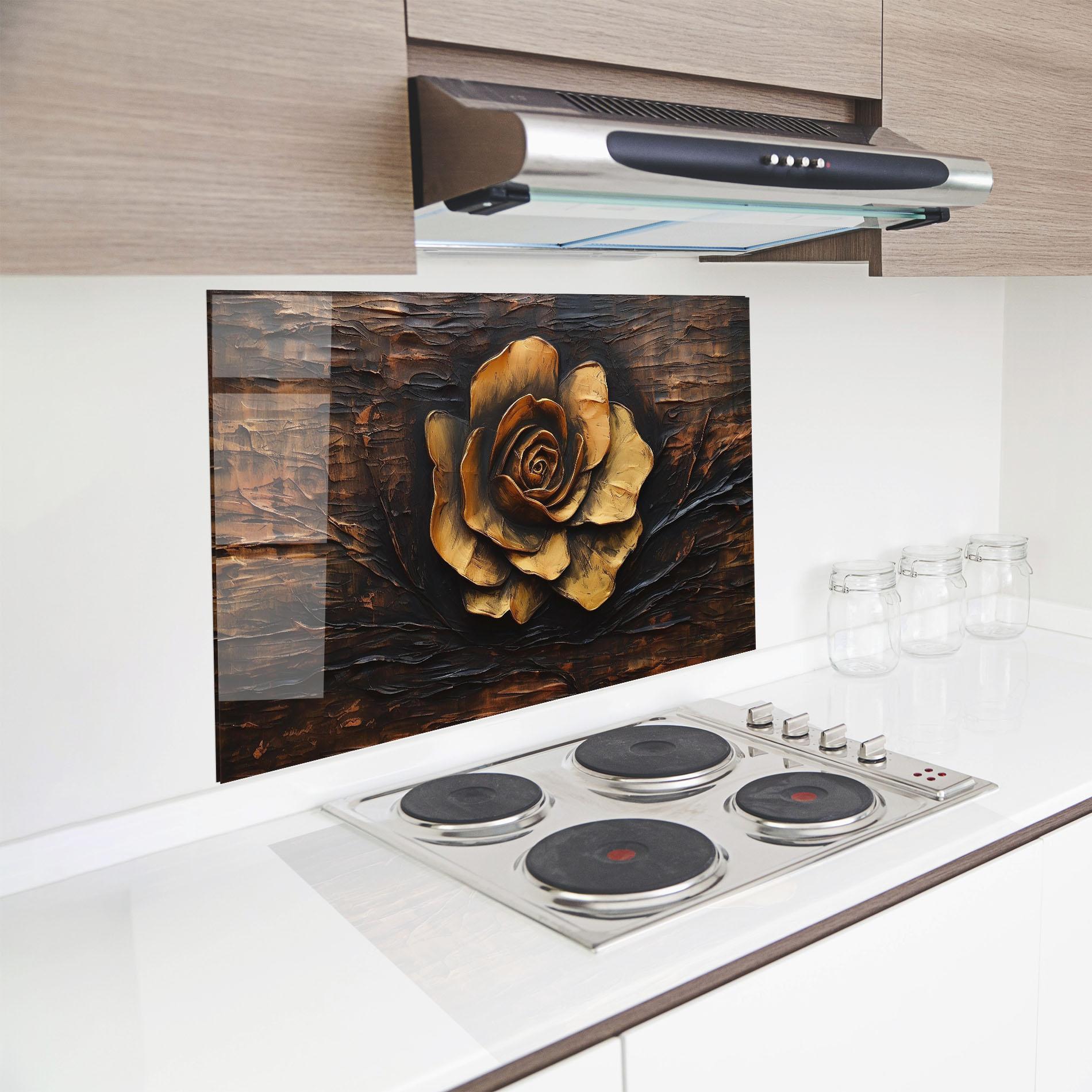 Panou Sticla Bucatarie Gold Rose On Wood mockup 8