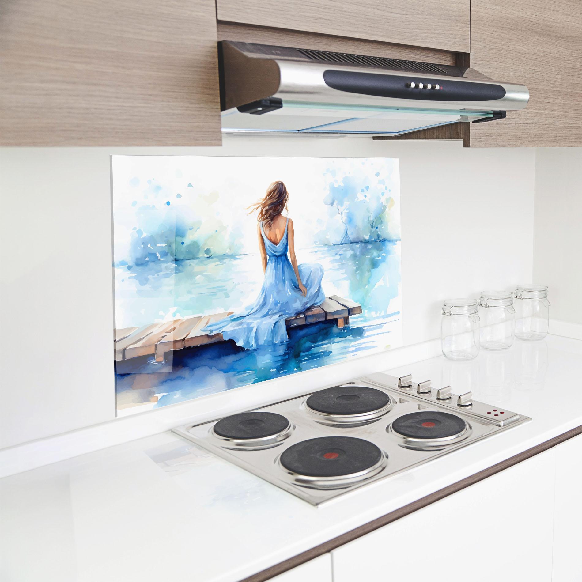 Panou Sticla Bucatarie Lake Blue Woman mockup 8