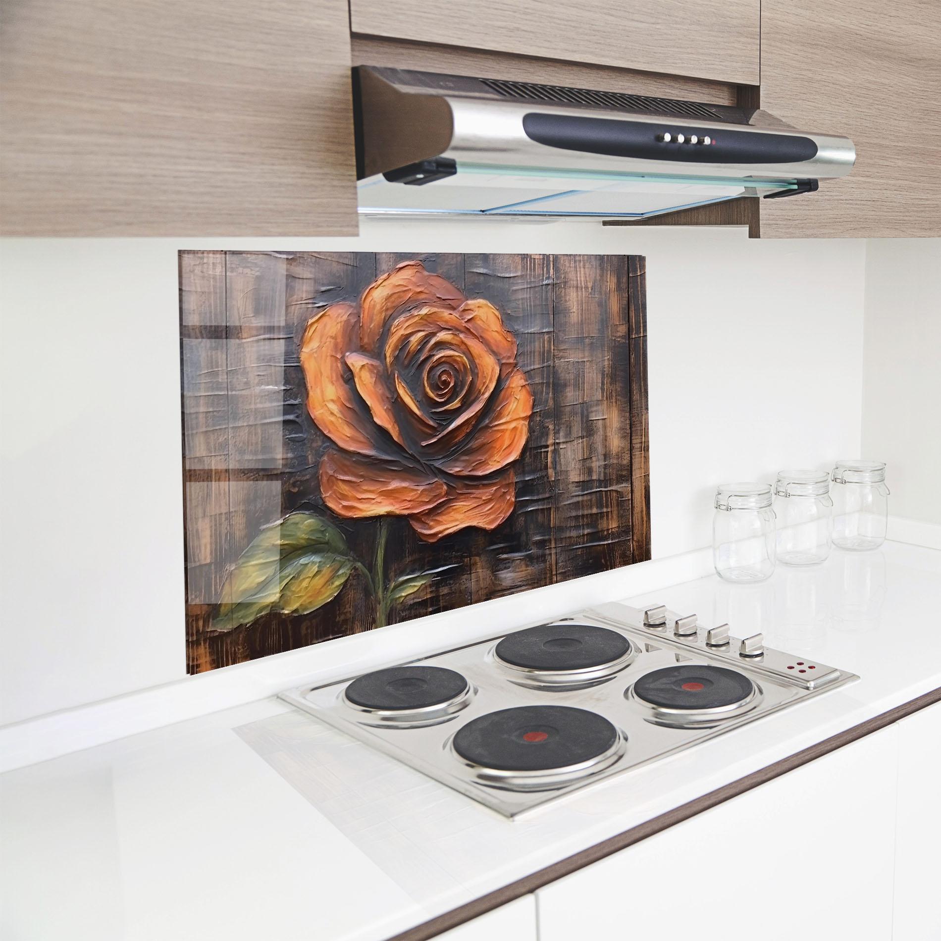 Panou Sticla Bucatarie Orange Rose On Wood mockup 8