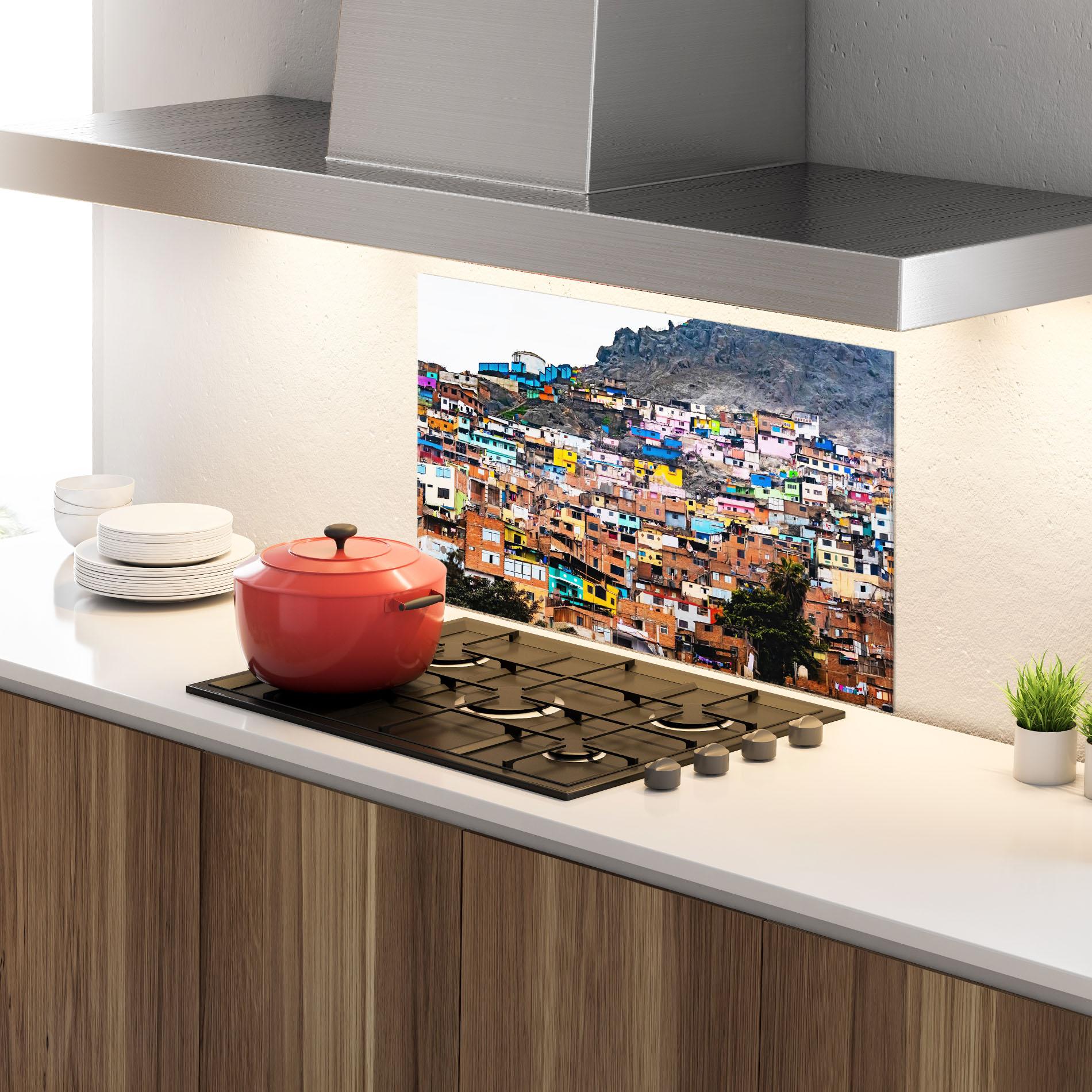 Panou Sticla Bucatarie Colorful Slum Buildings mockup 4