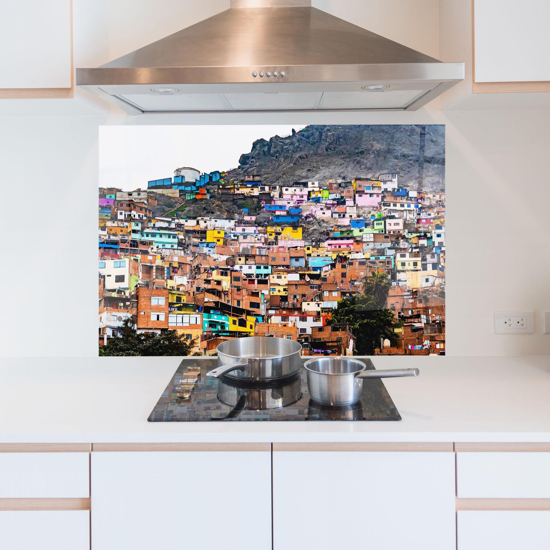 Panou Sticla Bucatarie Colorful Slum Buildings mockup 5