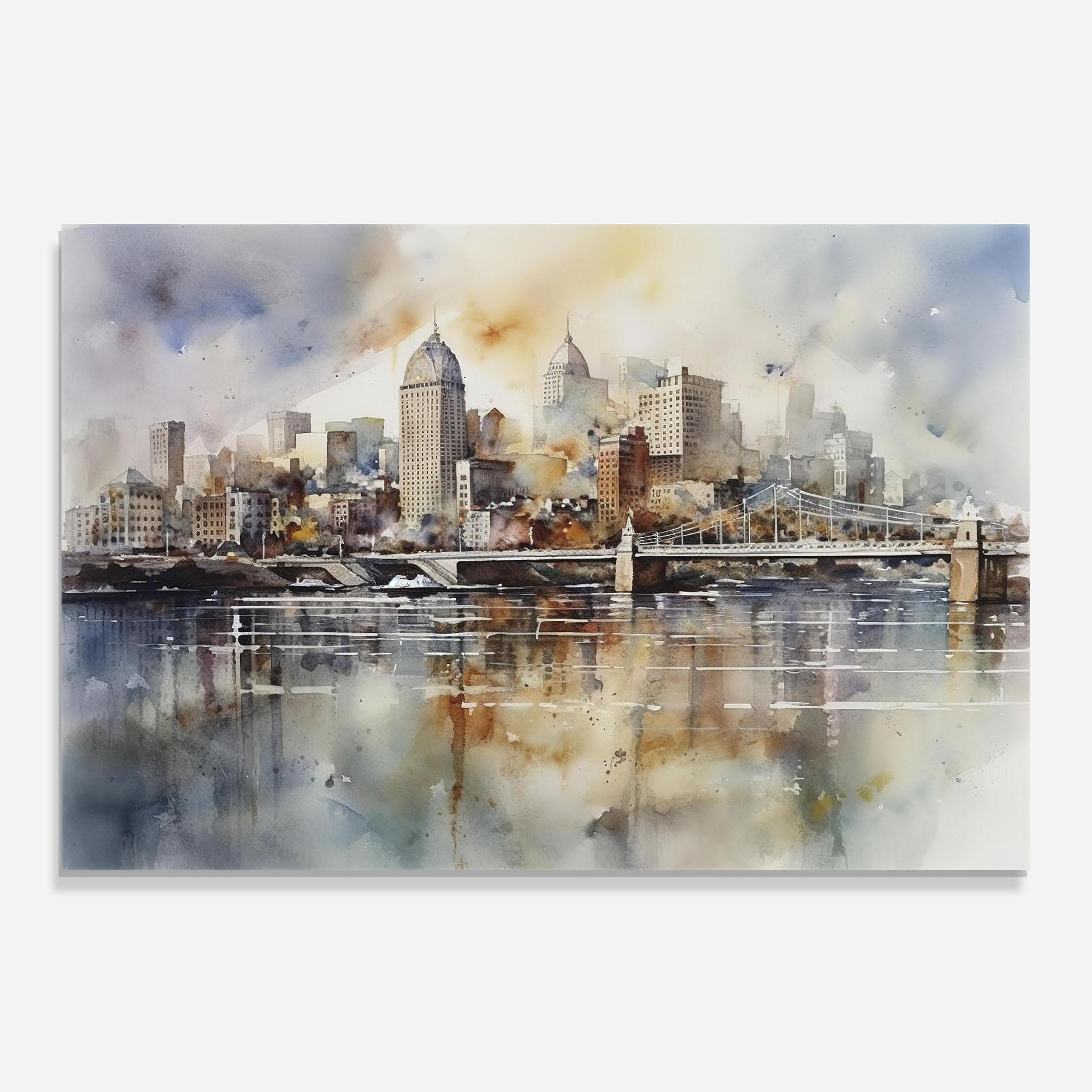 Panou Sticla Bucatarie Watercolor Skyline mockup 0