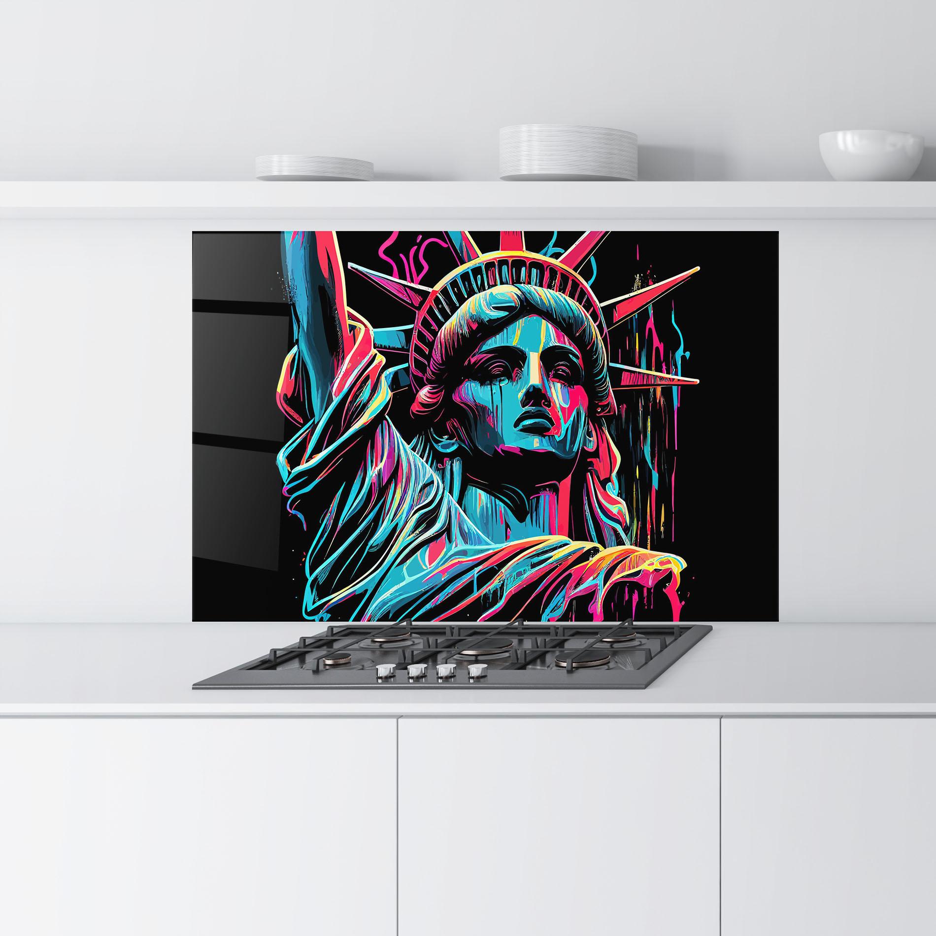 Panou Sticla Bucatarie Liberty Colorful Statue mockup 9
