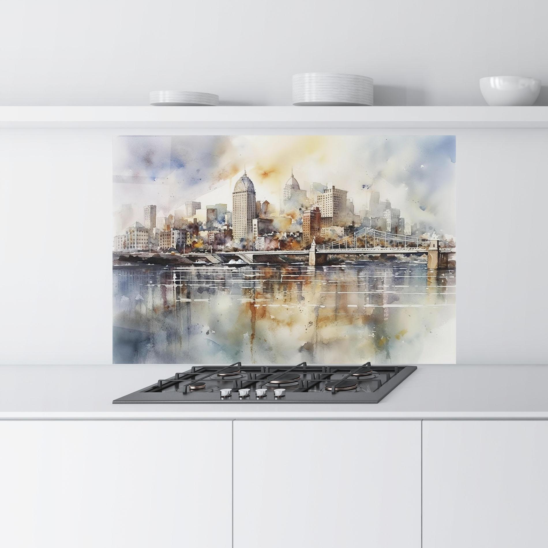 Panou Sticla Bucatarie Watercolor Skyline mockup 9