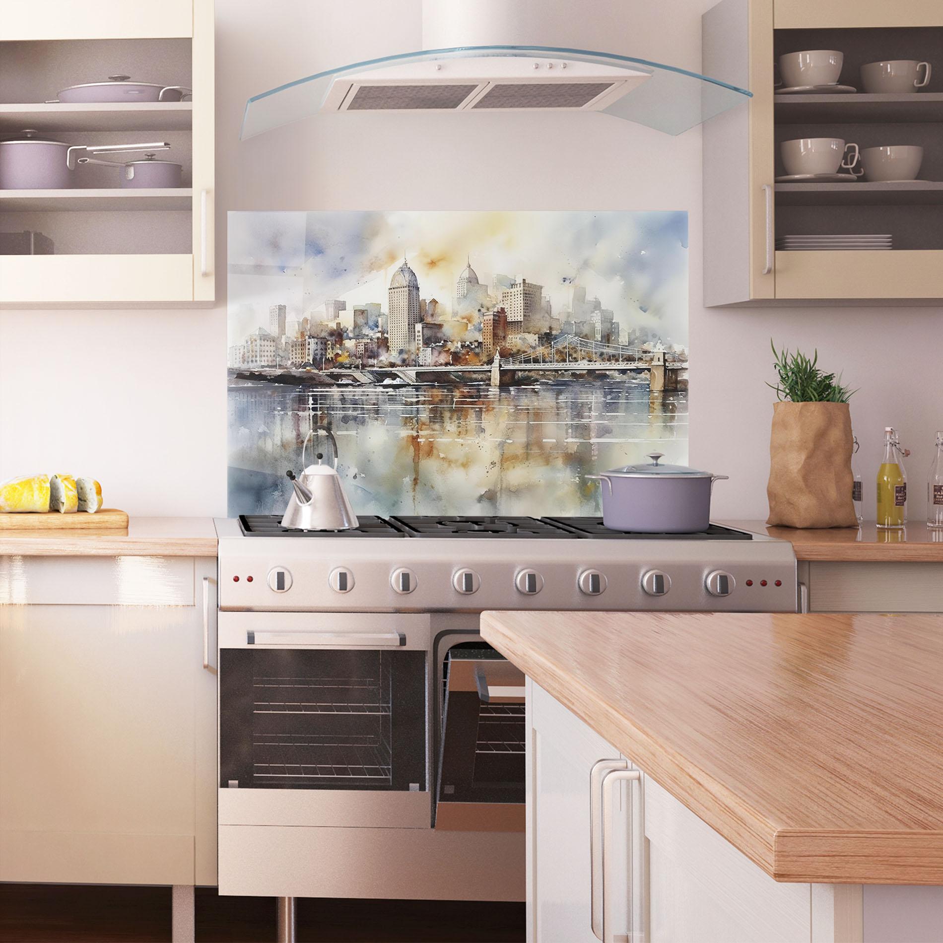 Panou Sticla Bucatarie Watercolor Skyline mockup 1