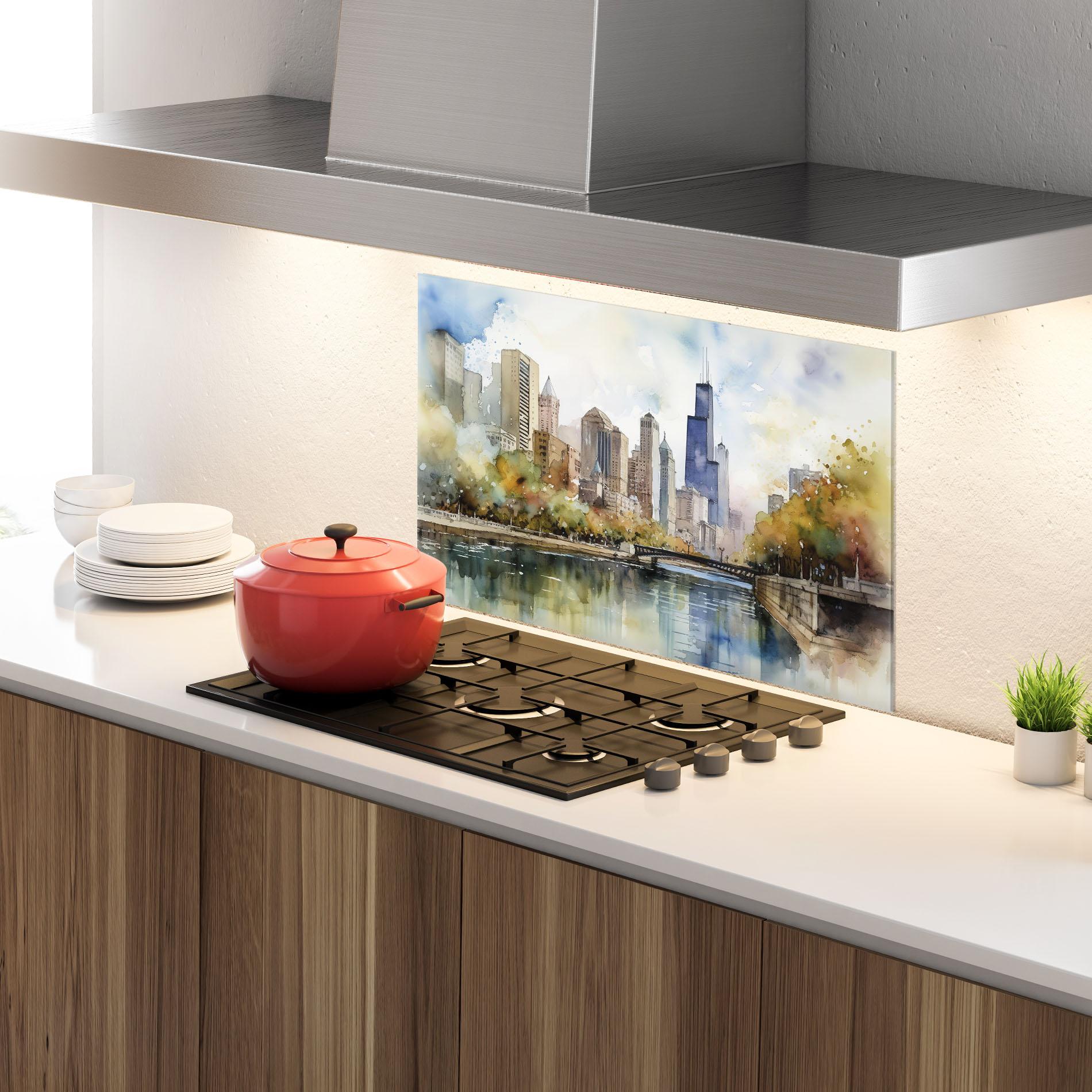 Panou Sticla Bucatarie City Skyline Painting mockup 4