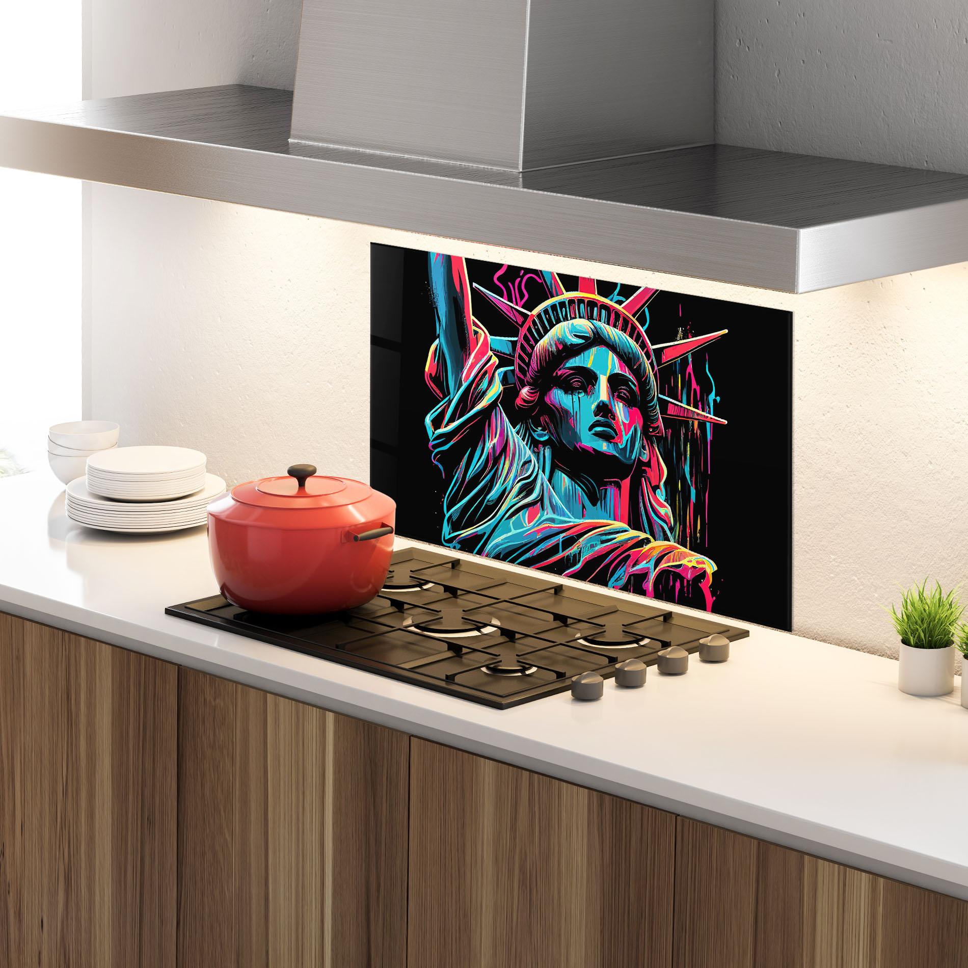 Panou Sticla Bucatarie Liberty Colorful Statue mockup 4