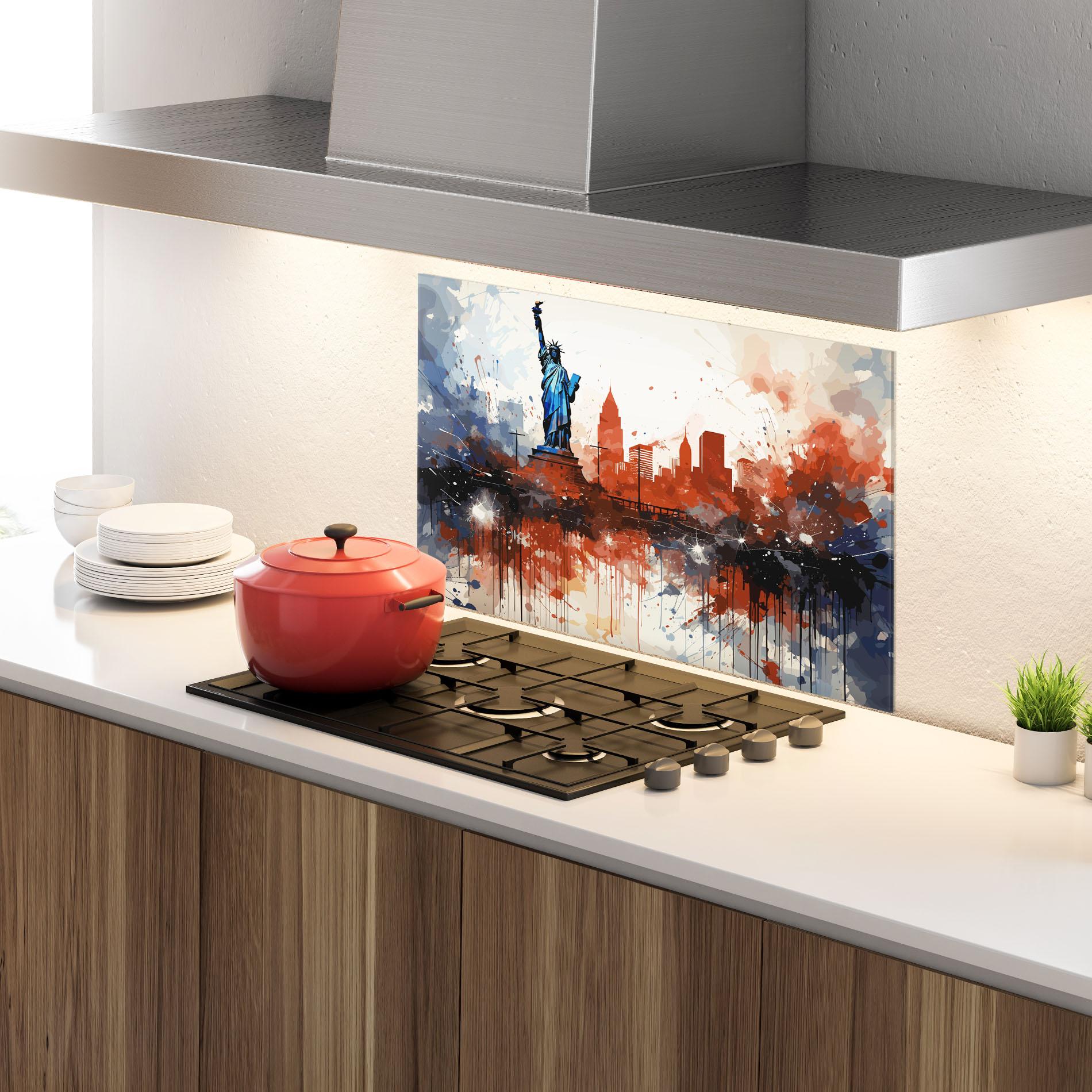 Panou Sticla Bucatarie Red Blue Liberty Statue mockup 4