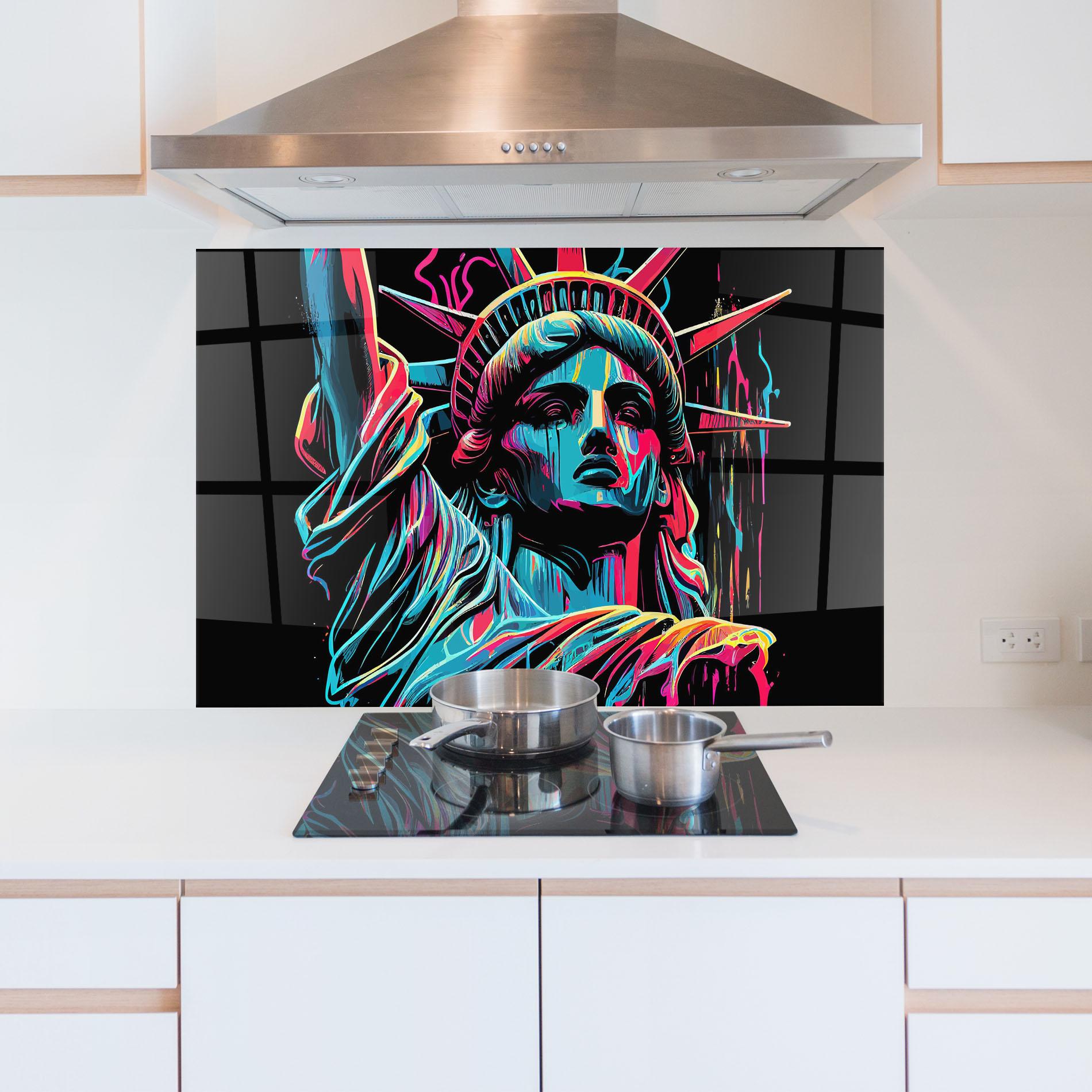 Panou Sticla Bucatarie Liberty Colorful Statue mockup 5