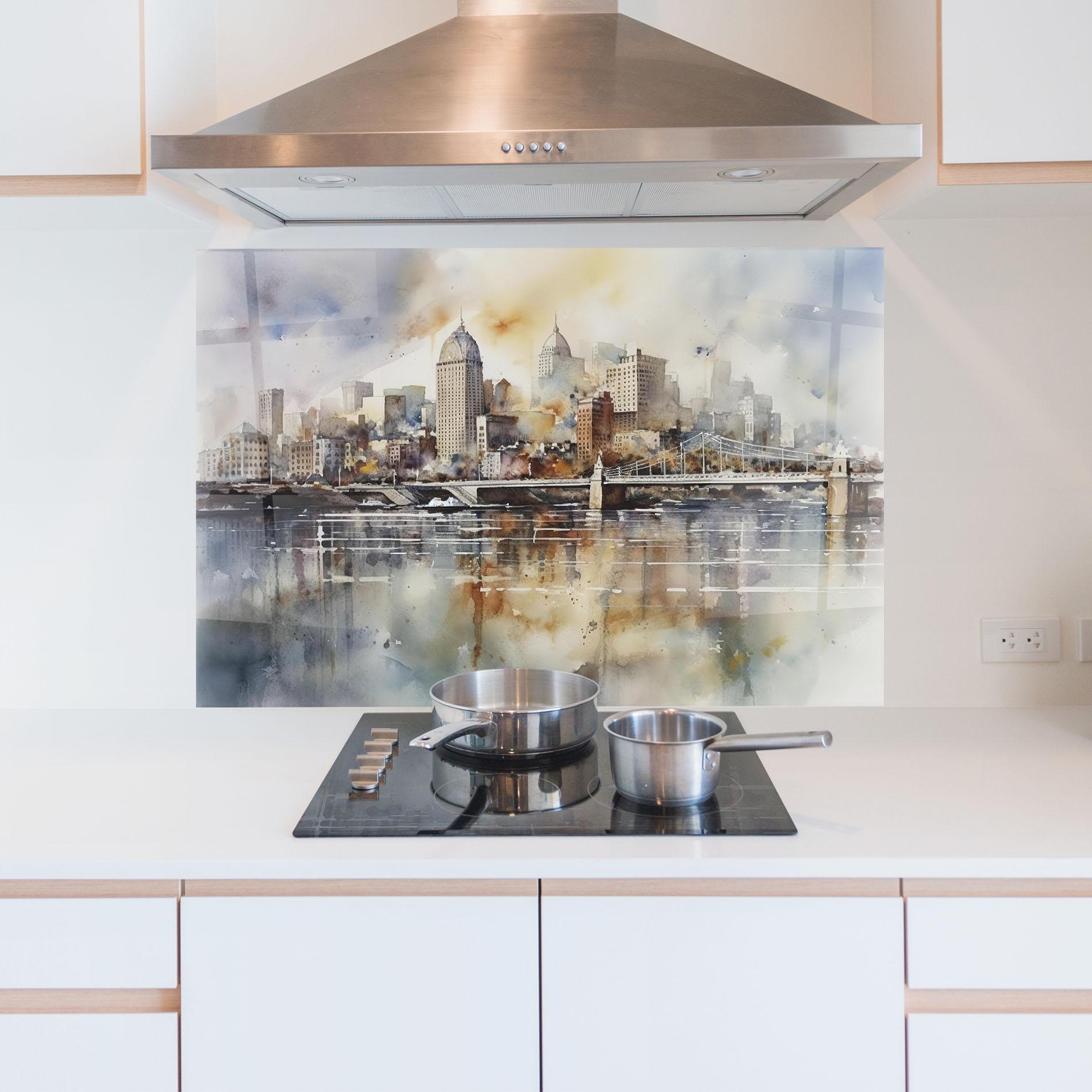 Panou Sticla Bucatarie Watercolor Skyline mockup 5