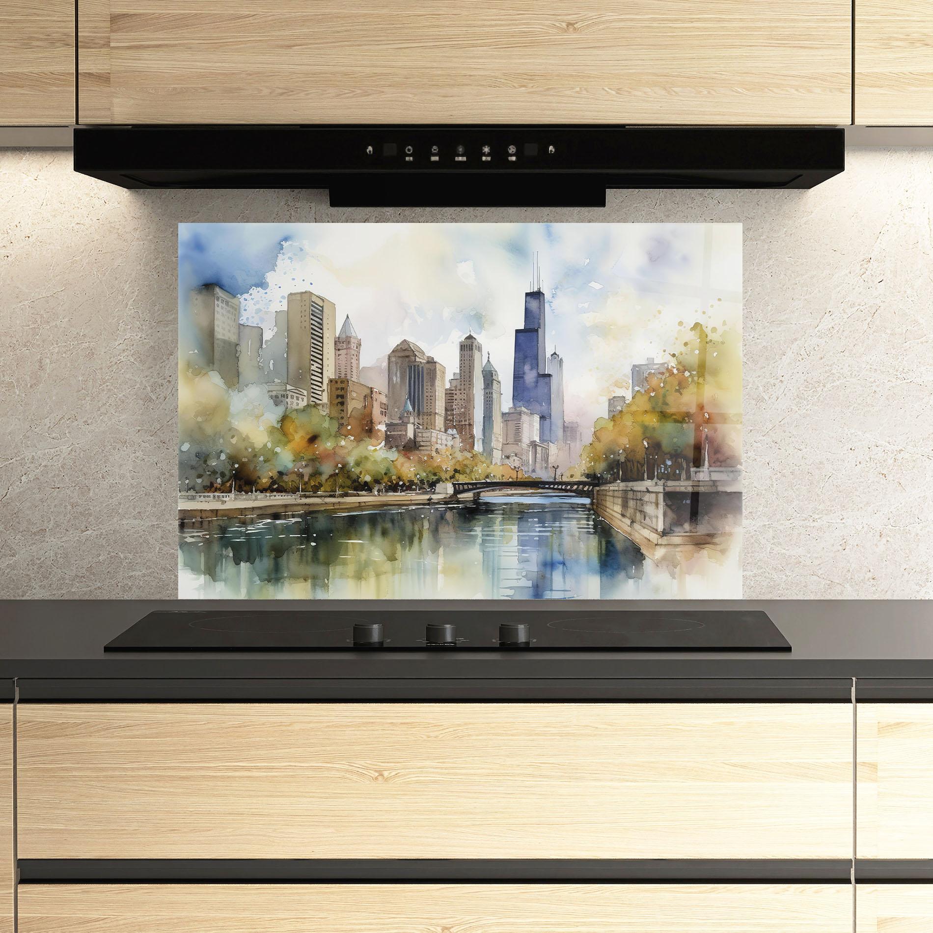 Panou Sticla Bucatarie City Skyline Painting mockup 3
