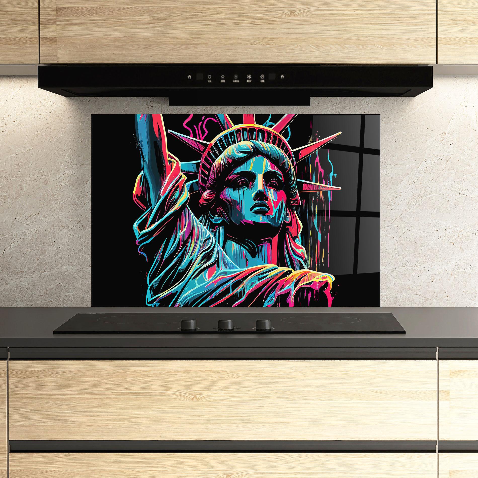 Panou Sticla Bucatarie Liberty Colorful Statue mockup 3