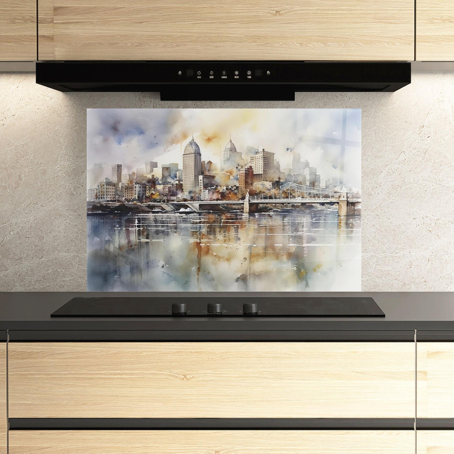 Panou Sticla Bucatarie Watercolor Skyline mockup 3