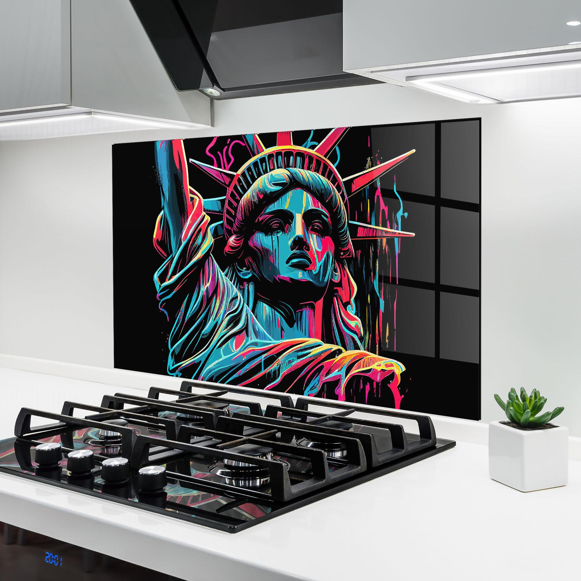 Panou Sticla Bucatarie Liberty Colorful Statue mockup 6