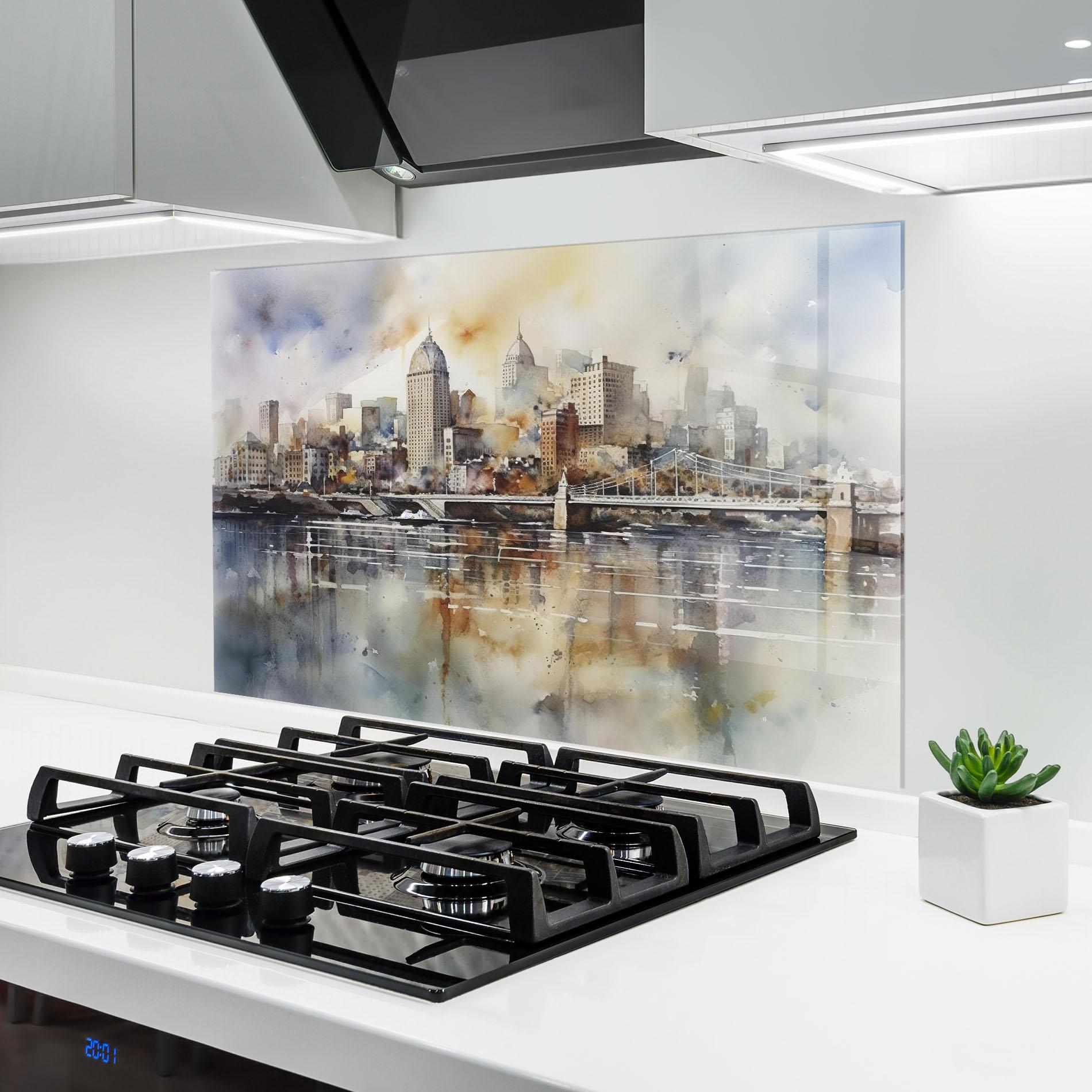 Panou Sticla Bucatarie Watercolor Skyline mockup 6