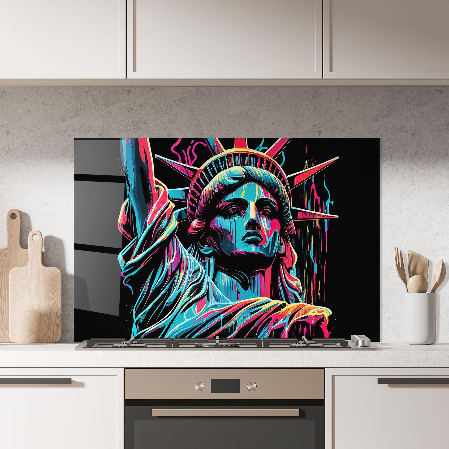 Panou Sticla Bucatarie Liberty Colorful Statue mockup 7