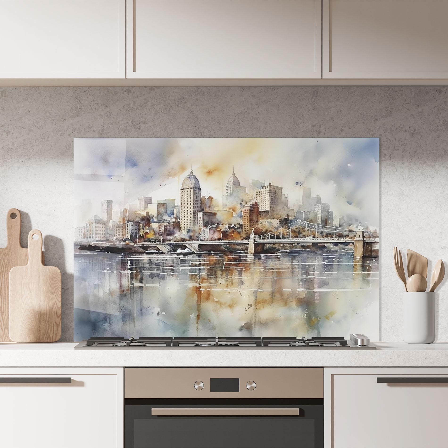 Panou Sticla Bucatarie Watercolor Skyline mockup 7