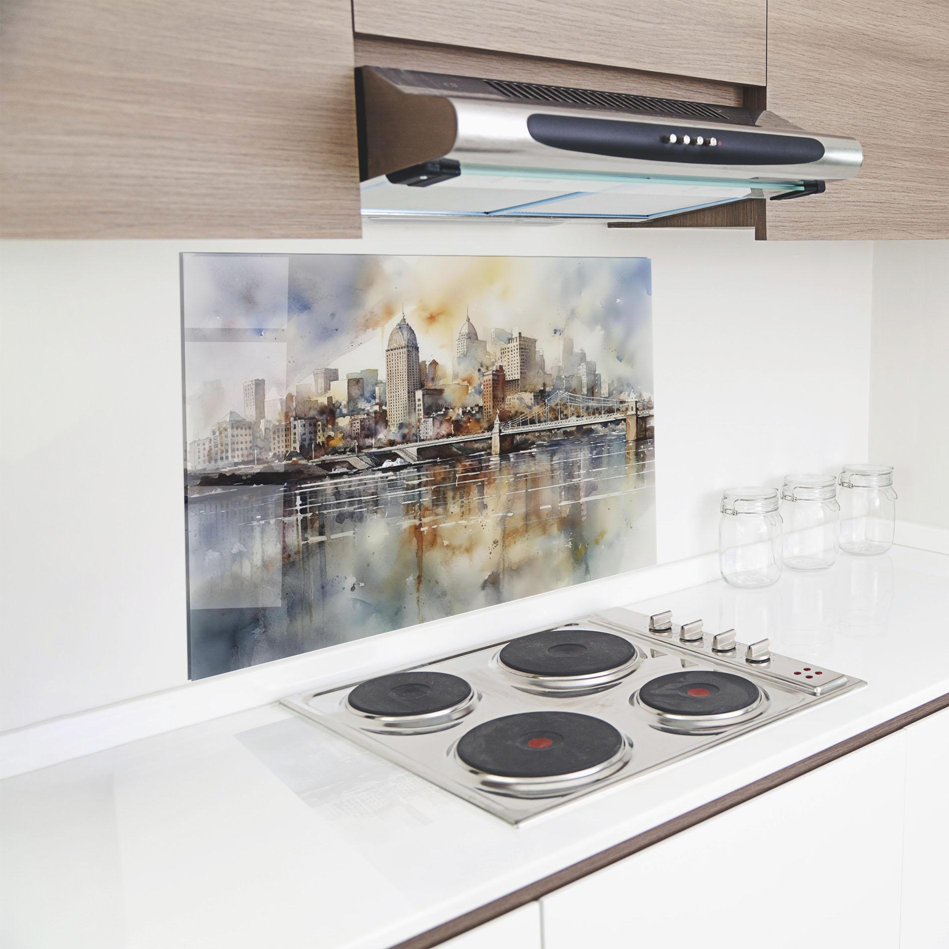 Panou Sticla Bucatarie Watercolor Skyline mockup 8