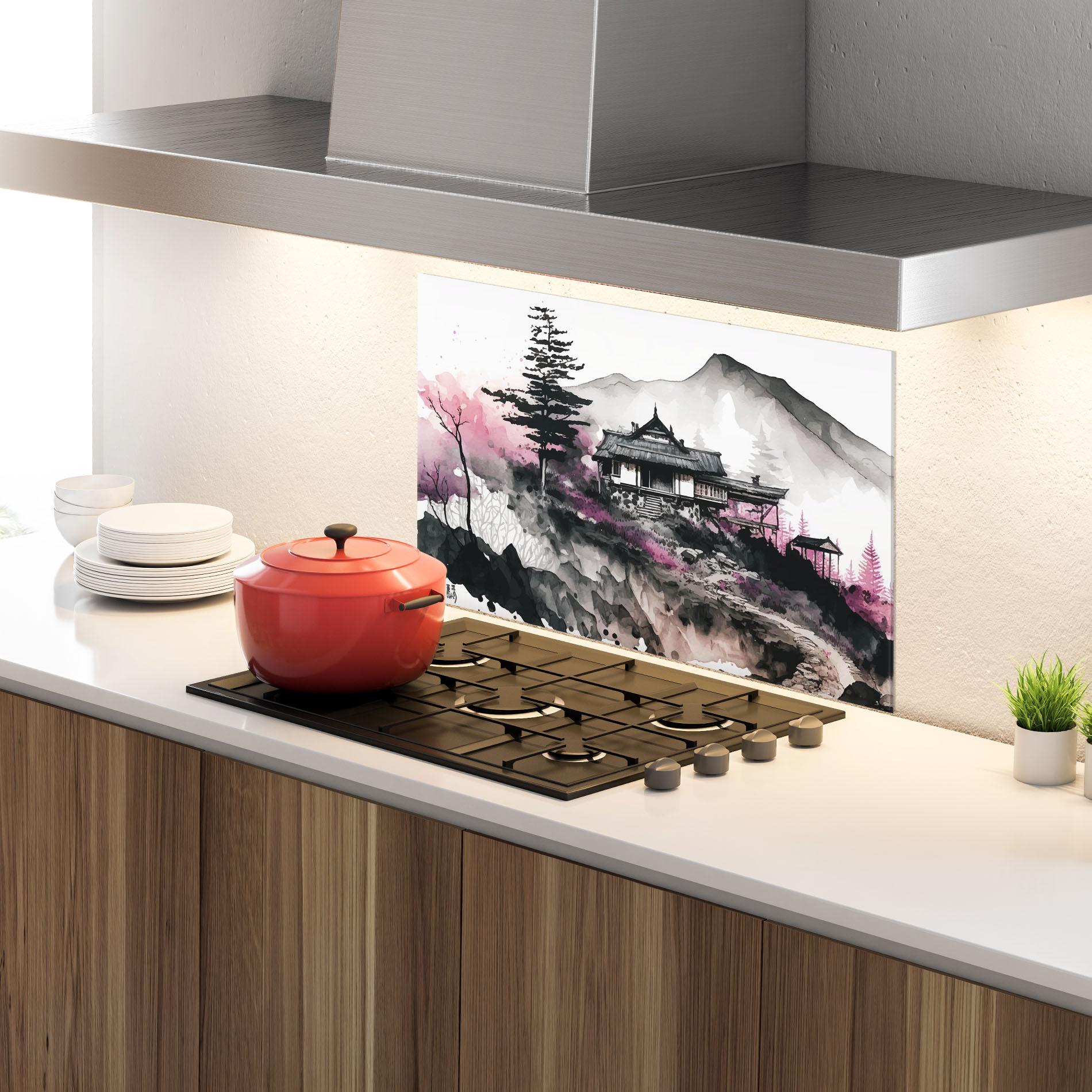 Panou Sticla Bucatarie Japanese Temple Art mockup 4