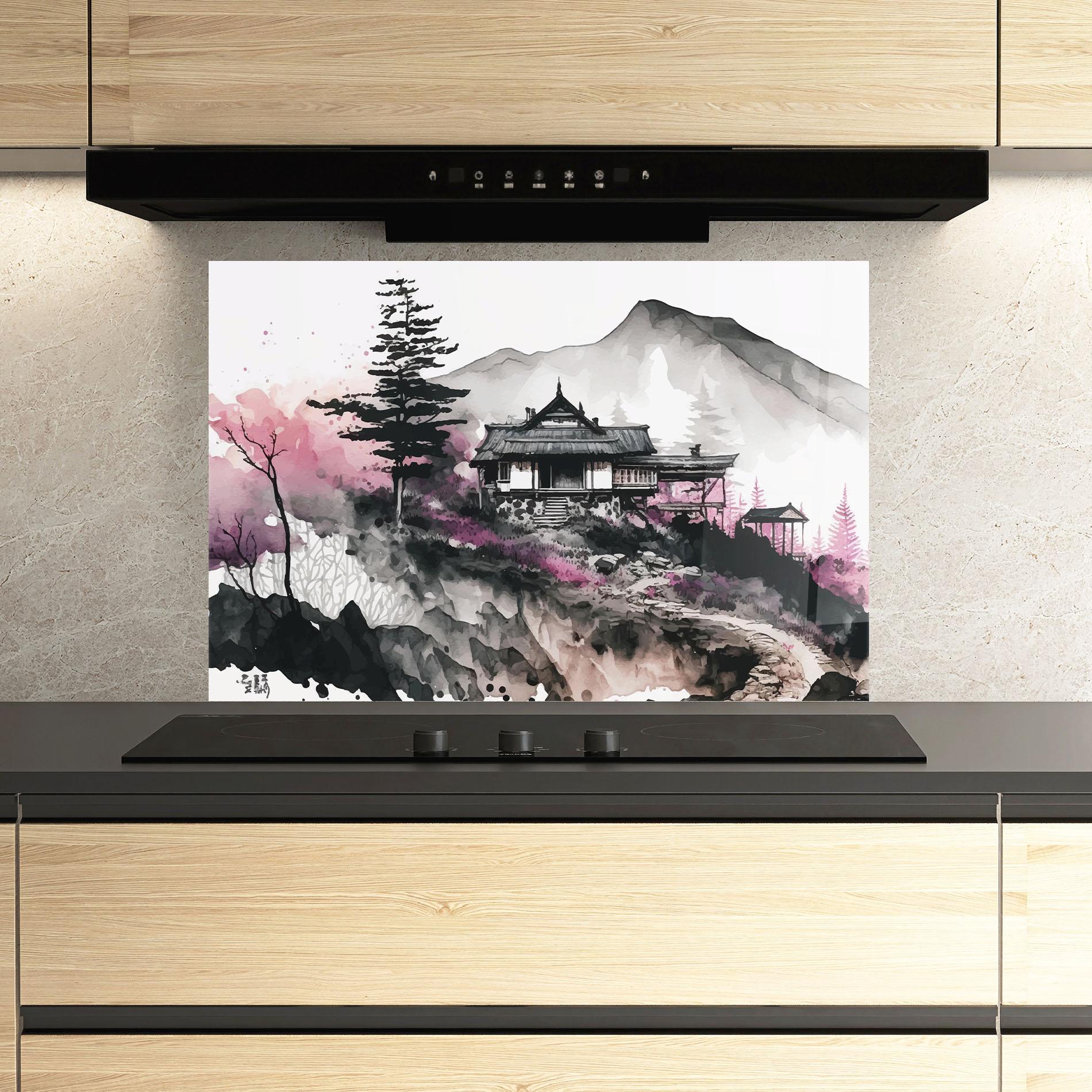 Panou Sticla Bucatarie Japanese Temple Art mockup 3