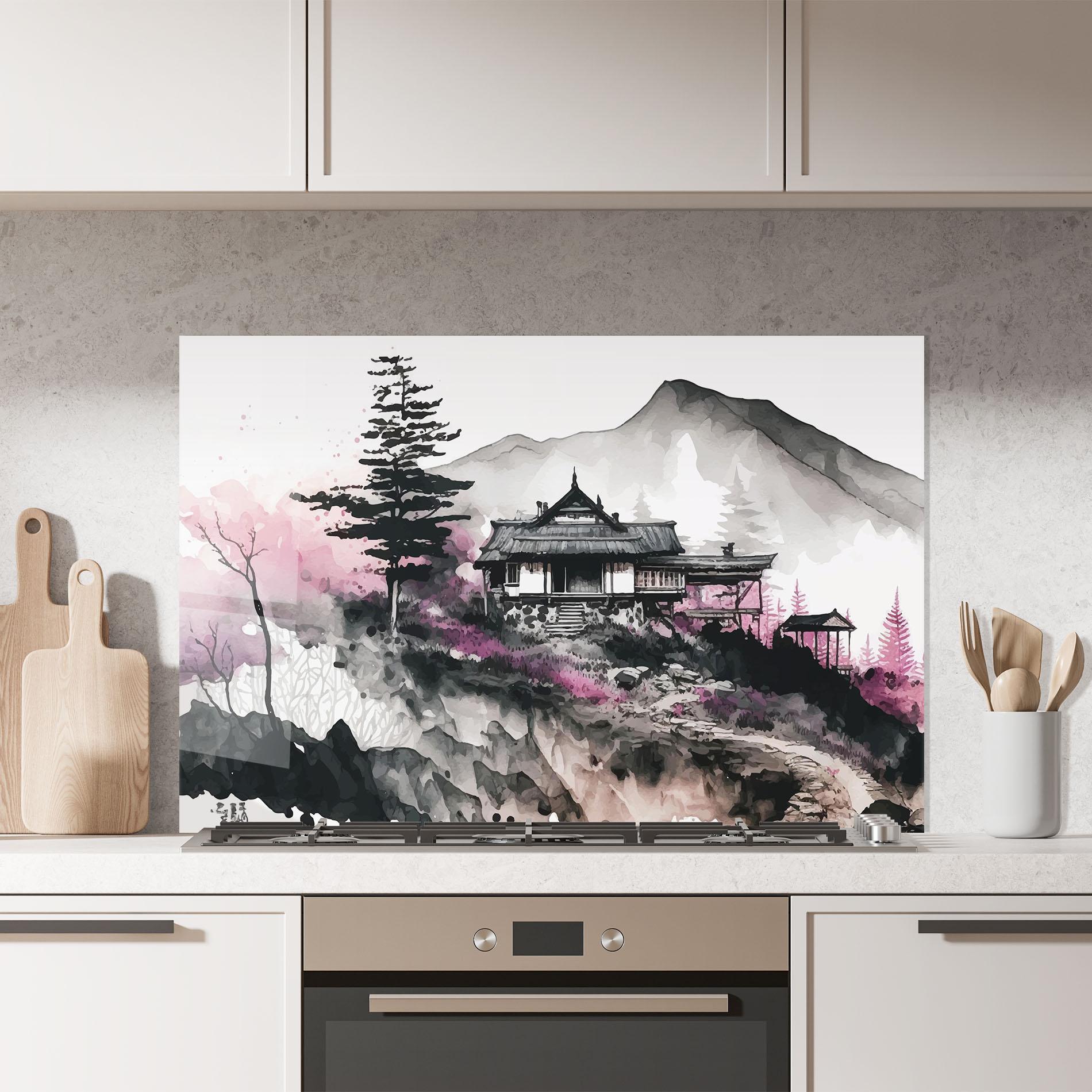 Panou Sticla Bucatarie Japanese Temple Art mockup 7