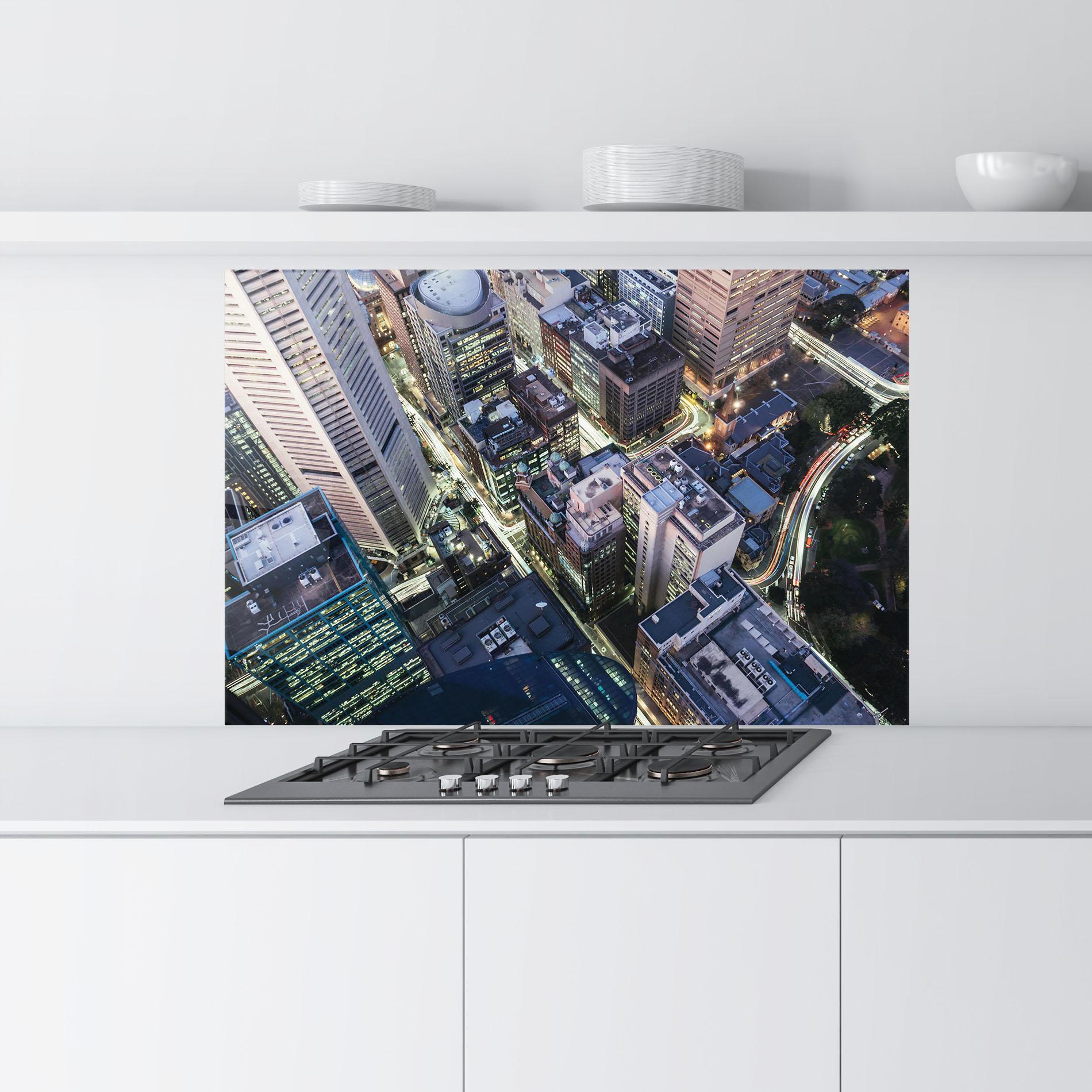 Panou Sticla Bucatarie Green Purple Skyline mockup 9