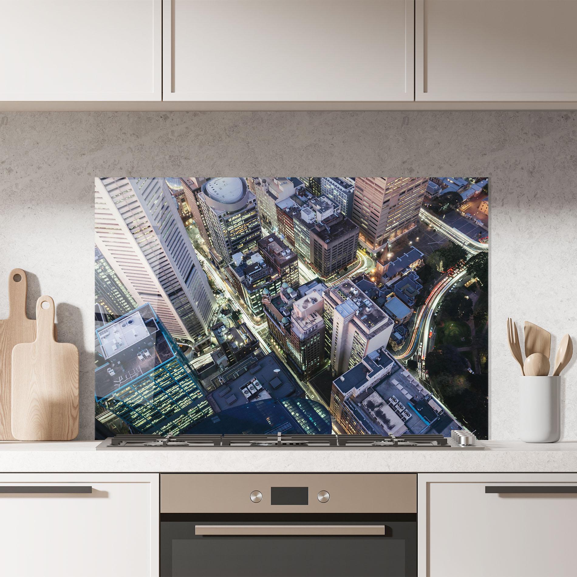 Panou Sticla Bucatarie Green Purple Skyline mockup 7