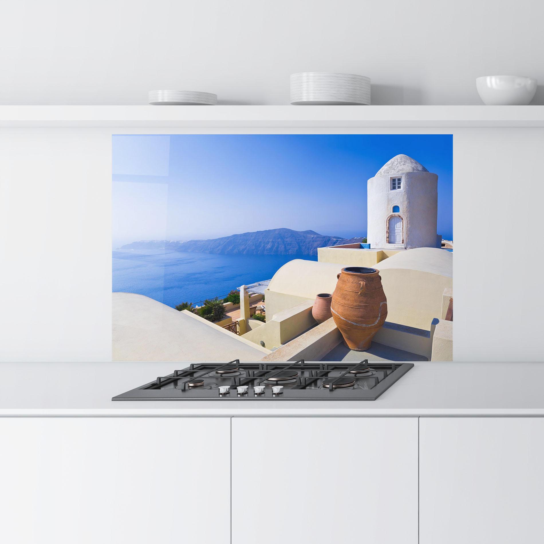 Panou Sticla Bucatarie Santorini View Greece mockup 9