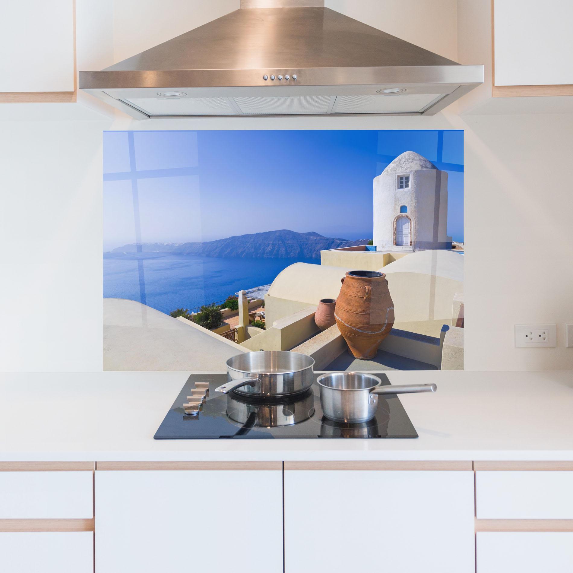 Panou Sticla Bucatarie Santorini View Greece mockup 5