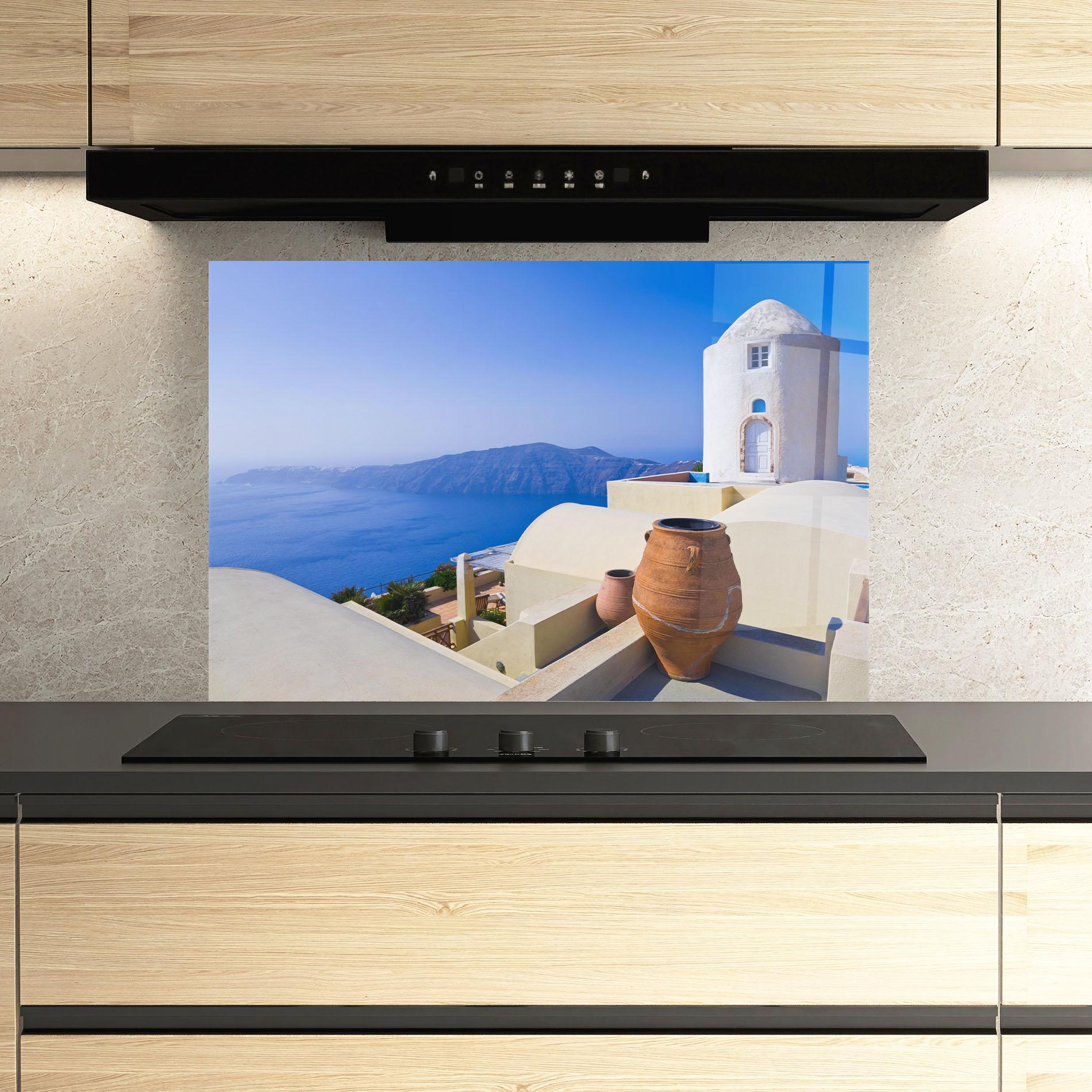 Panou Sticla Bucatarie Santorini View Greece mockup 3