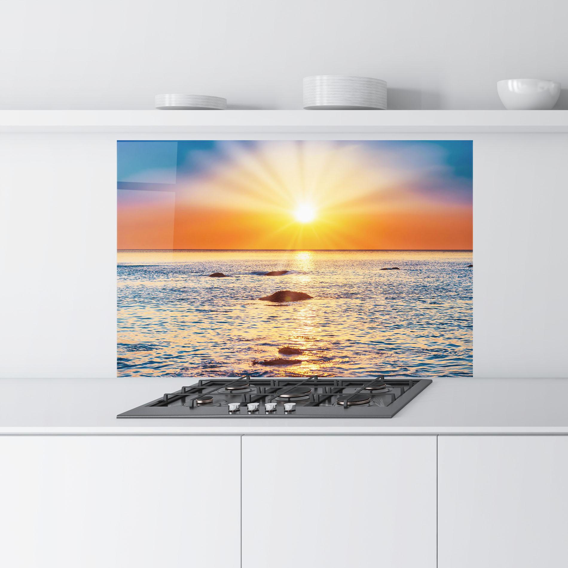 Panou Sticla Bucatarie Sunset Beach Rocks mockup 9
