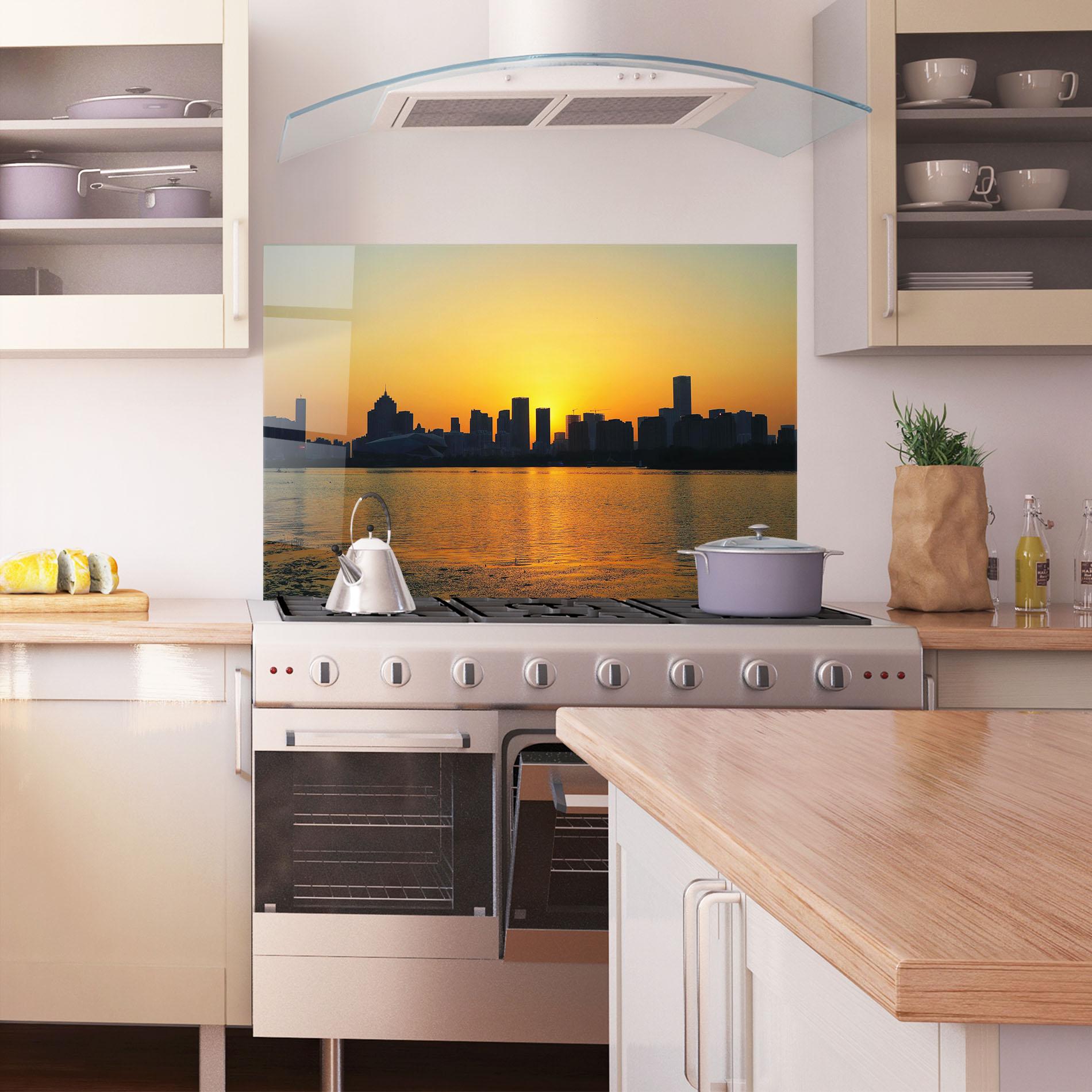 Panou Sticla Bucatarie City Building Sunset mockup 1