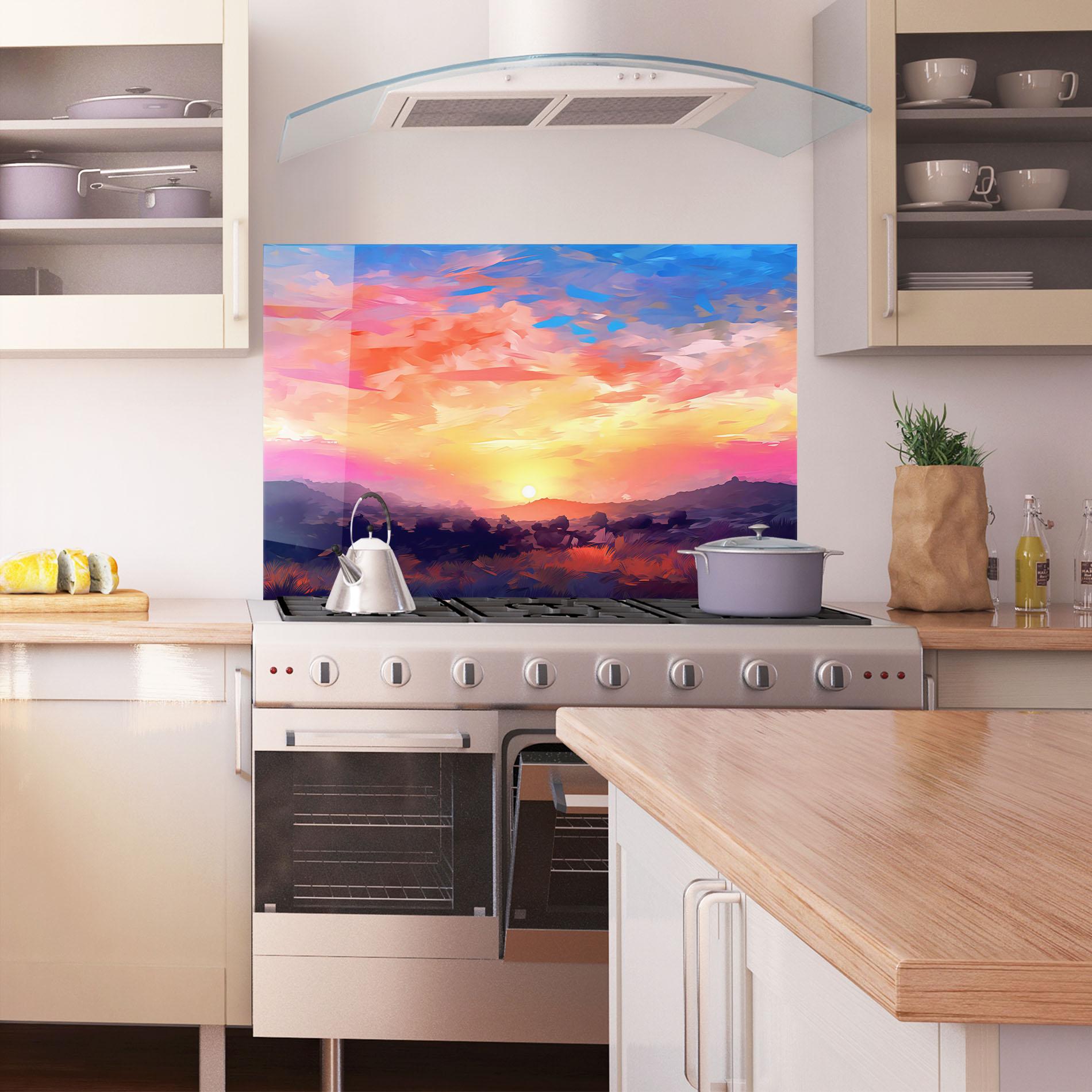 Panou Sticla Bucatarie Colorful Sunset Mountains mockup 1