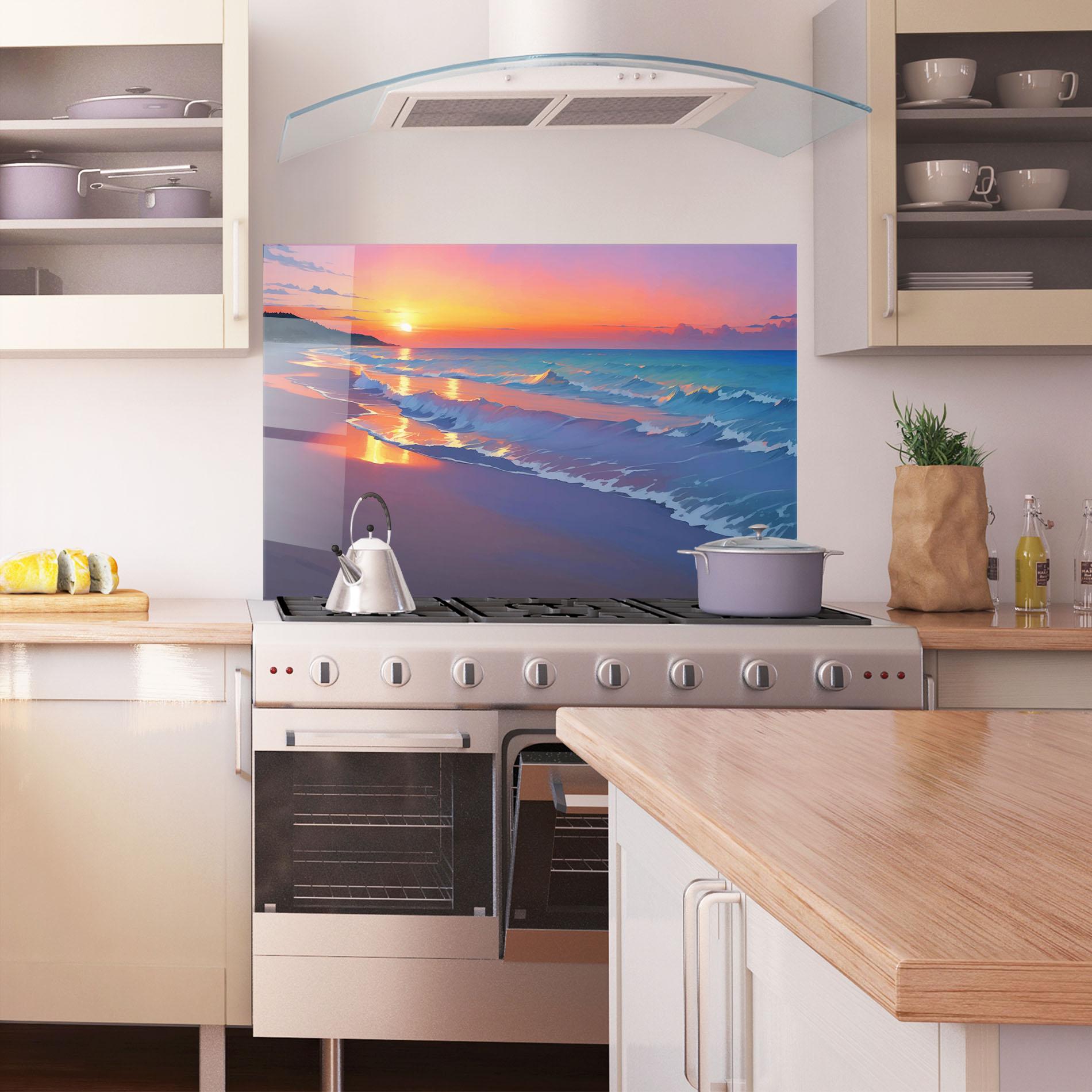 Panou Sticla Bucatarie Dreamy Beach Sunset mockup 1