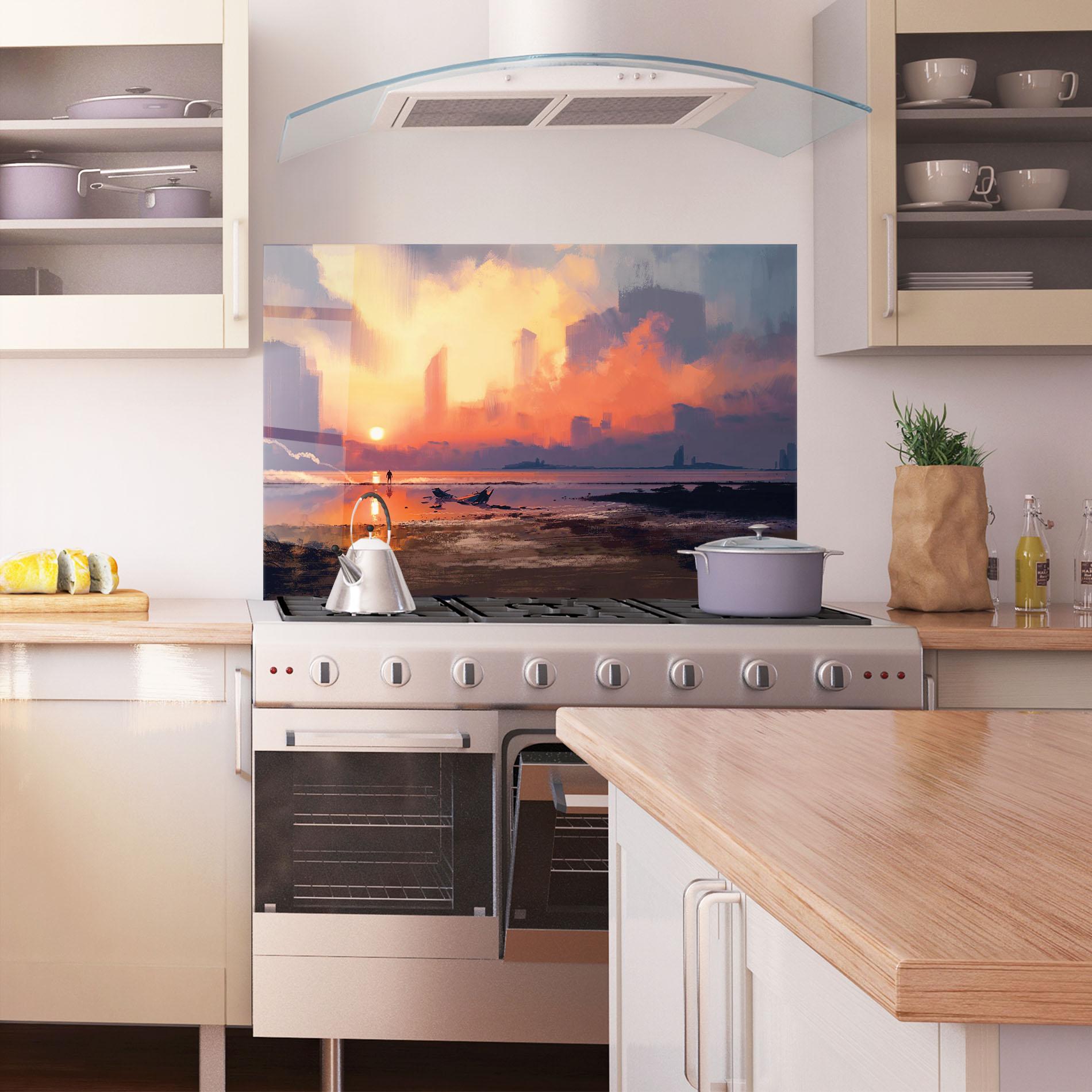 Panou Sticla Bucatarie Skyscrapers Sunset mockup 1