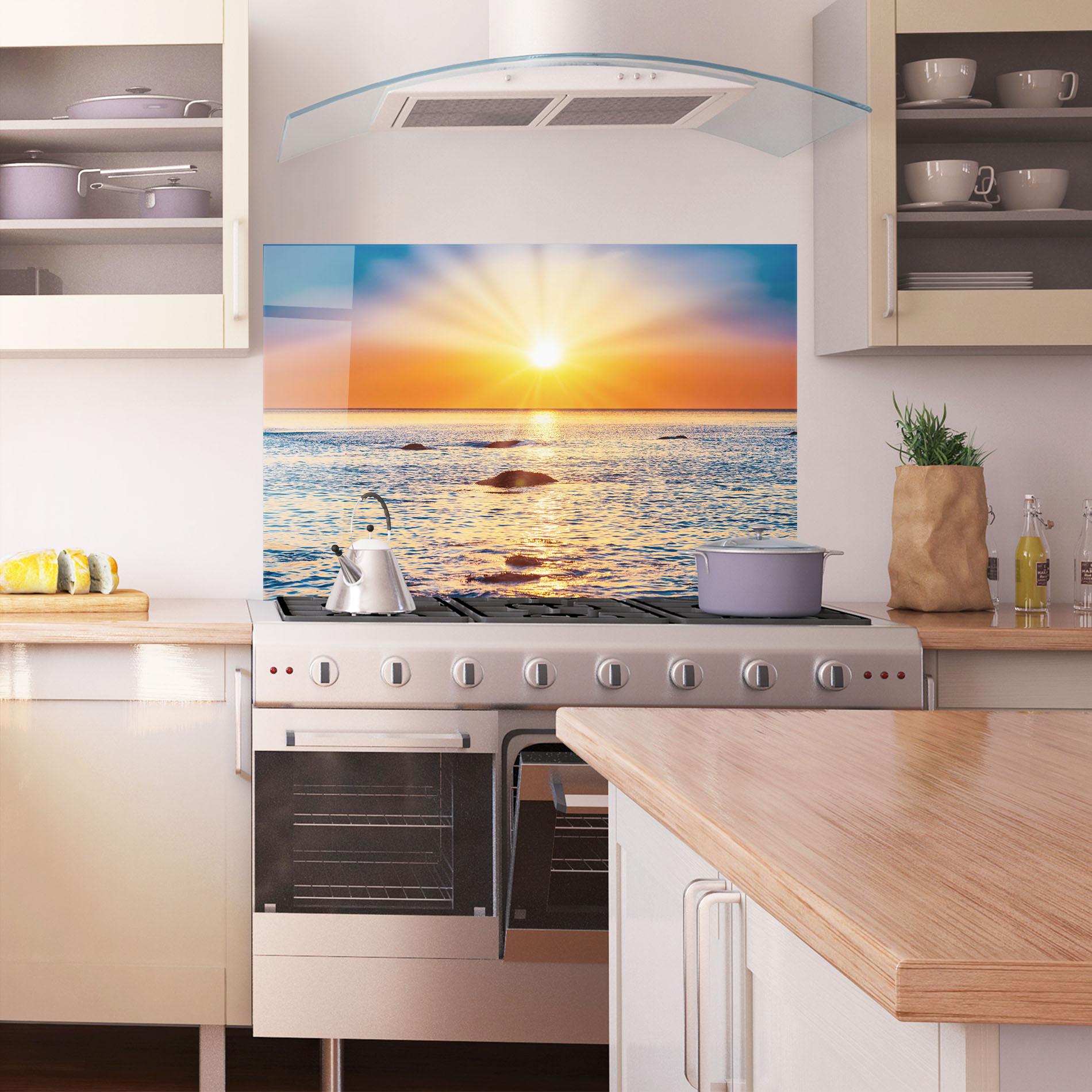 Panou Sticla Bucatarie Sunset Beach Rocks mockup 1