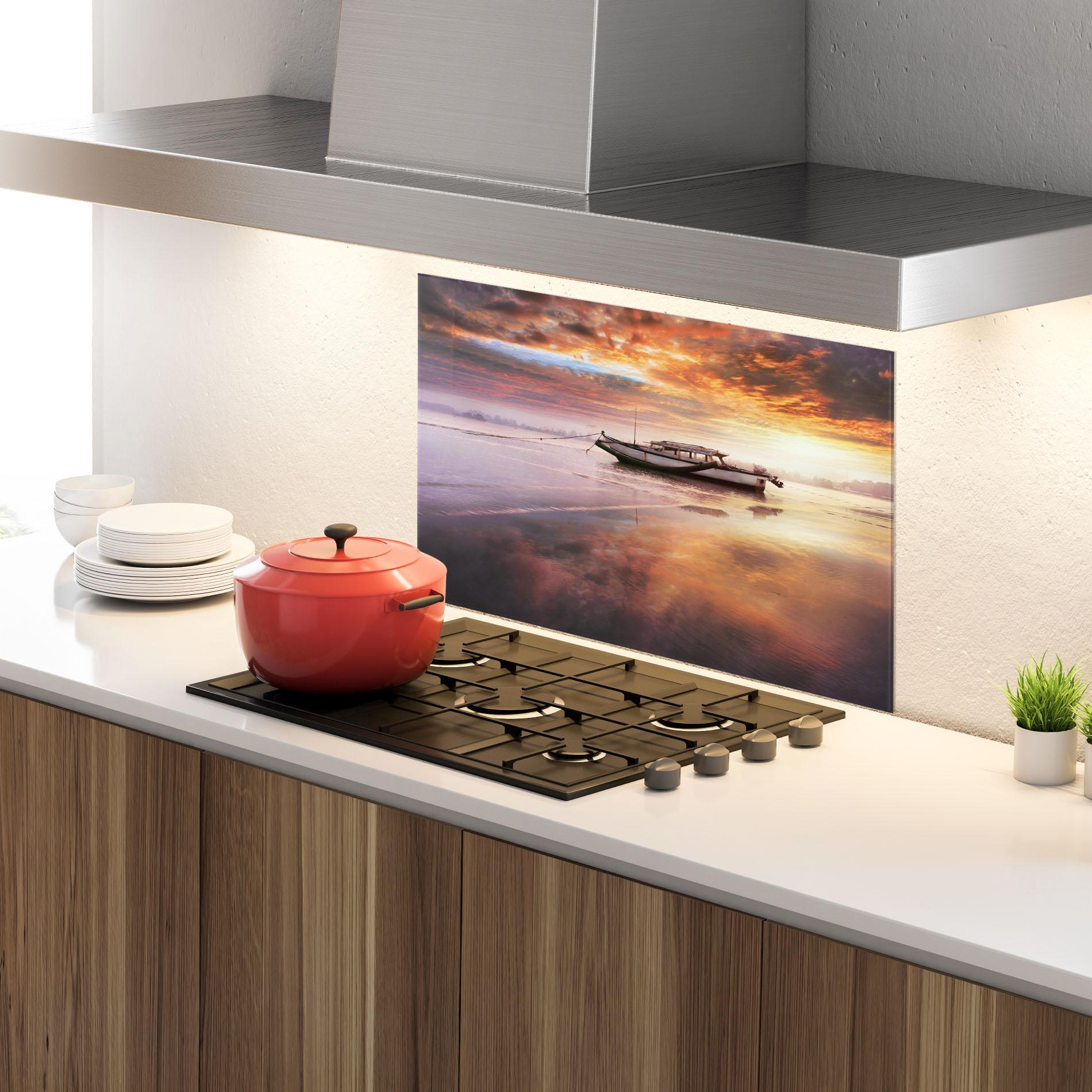 Panou Sticla Bucatarie Beauty Boat Sunrise mockup 4