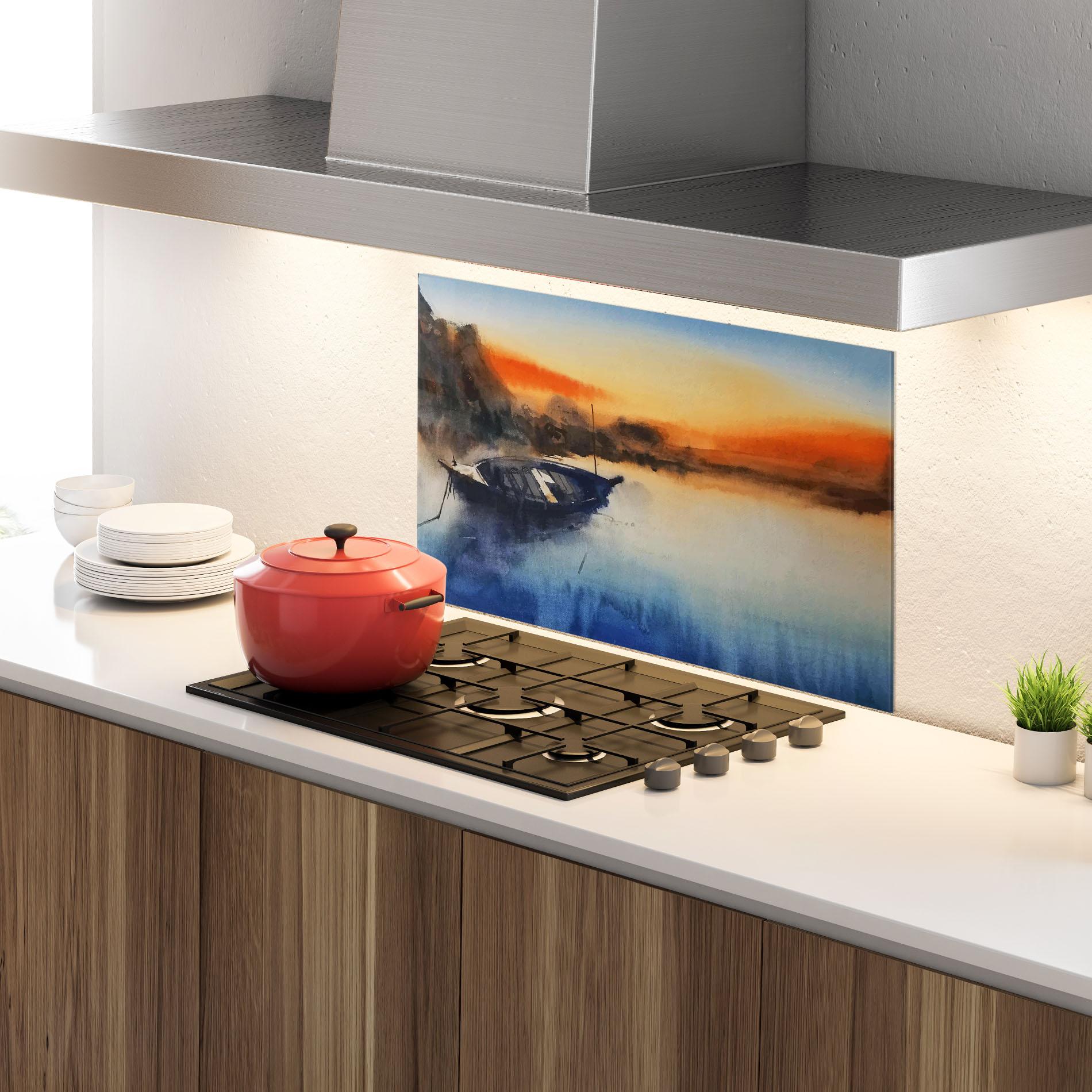 Panou Sticla Bucatarie Boat Sunset mockup 4