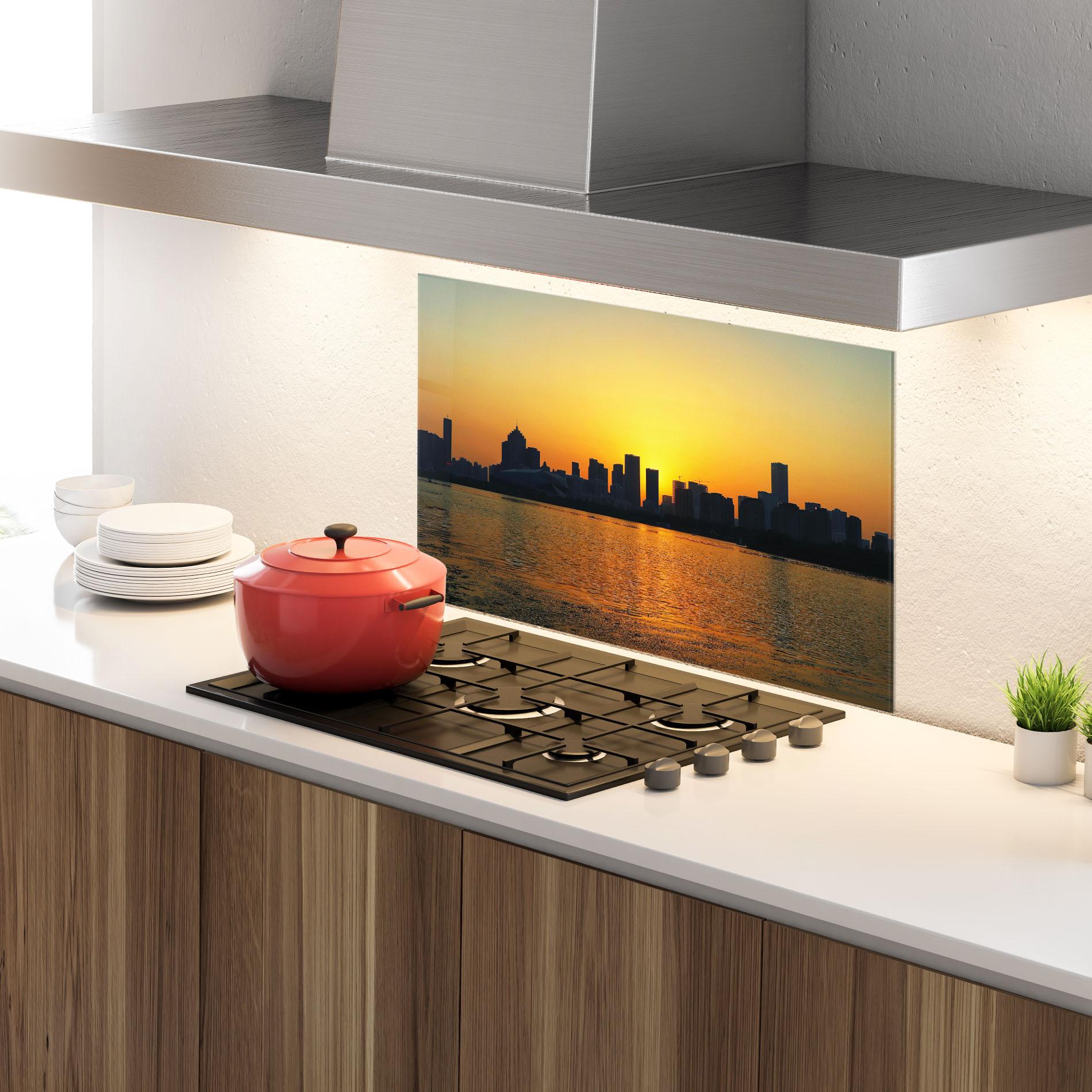 Panou Sticla Bucatarie City Building Sunset mockup 4