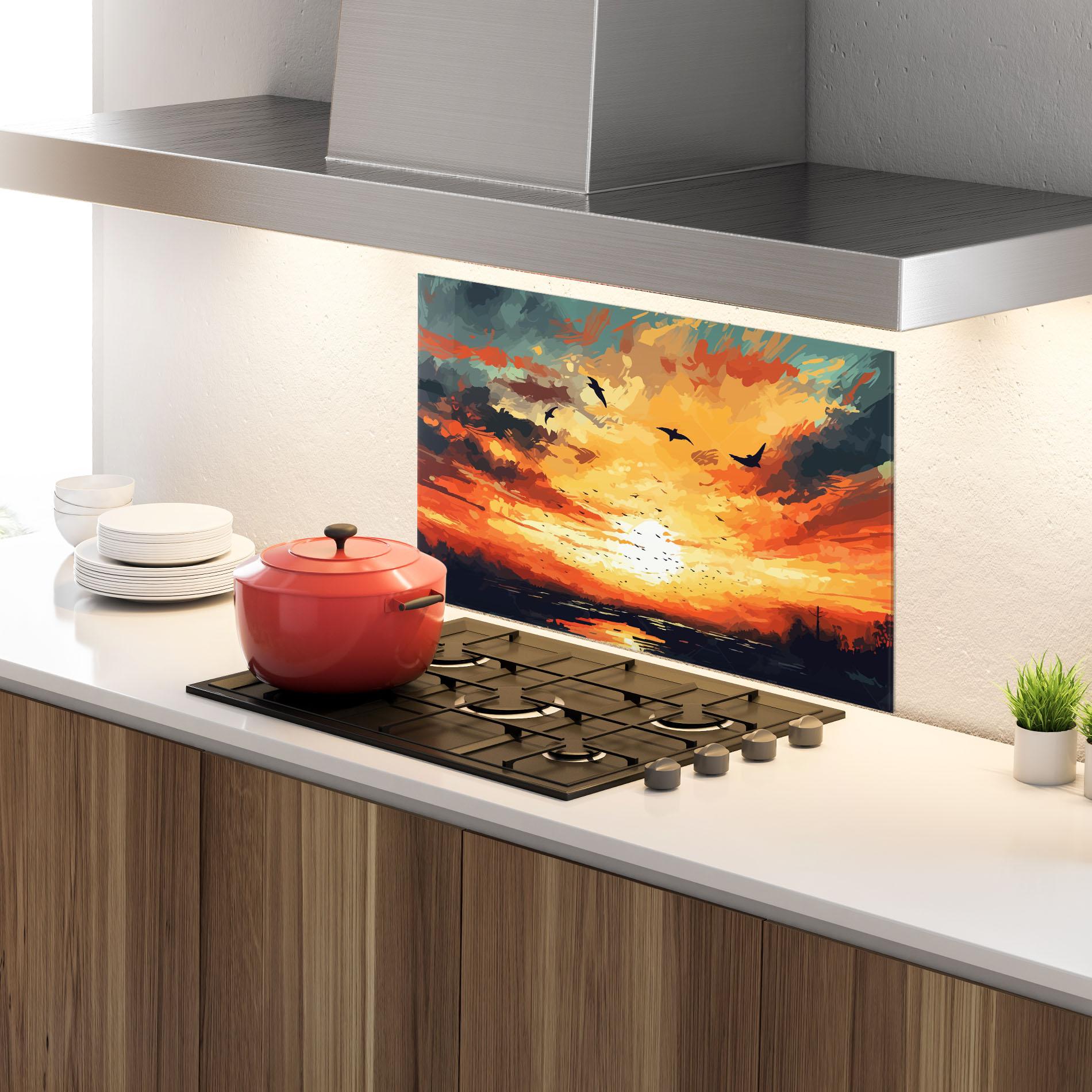 Panou Sticla Bucatarie Orange Green Sunset mockup 4