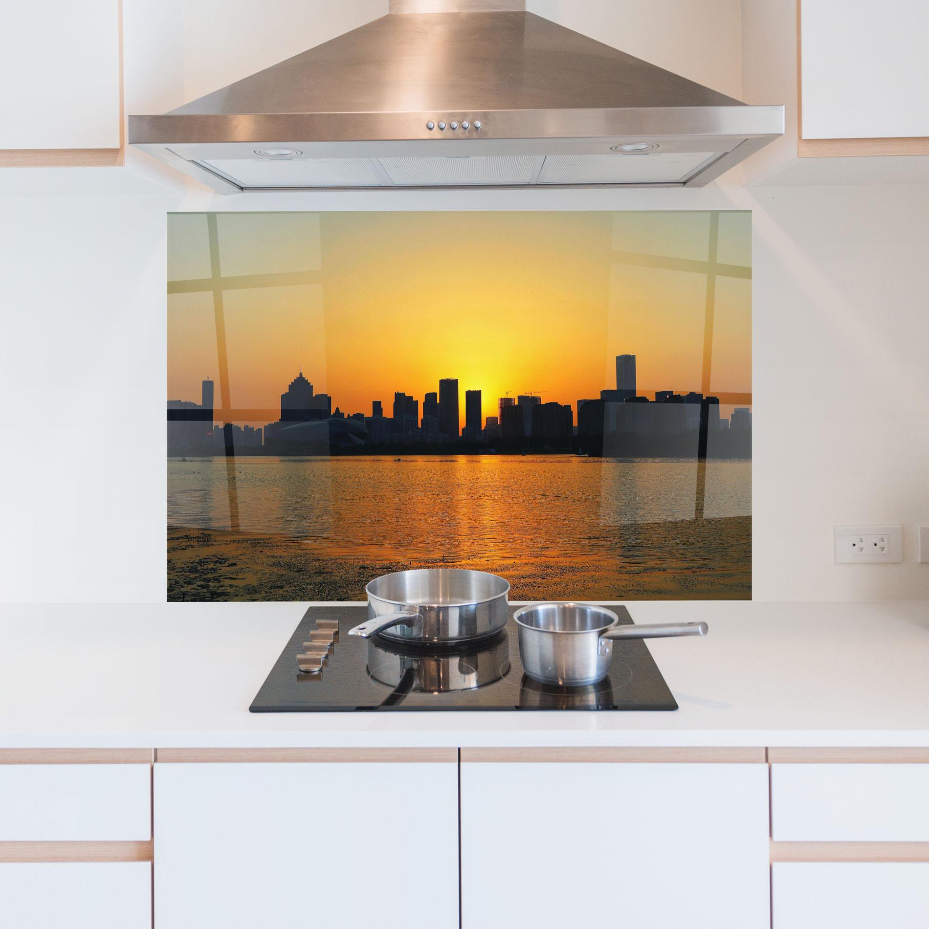 Panou Sticla Bucatarie City Building Sunset mockup 5