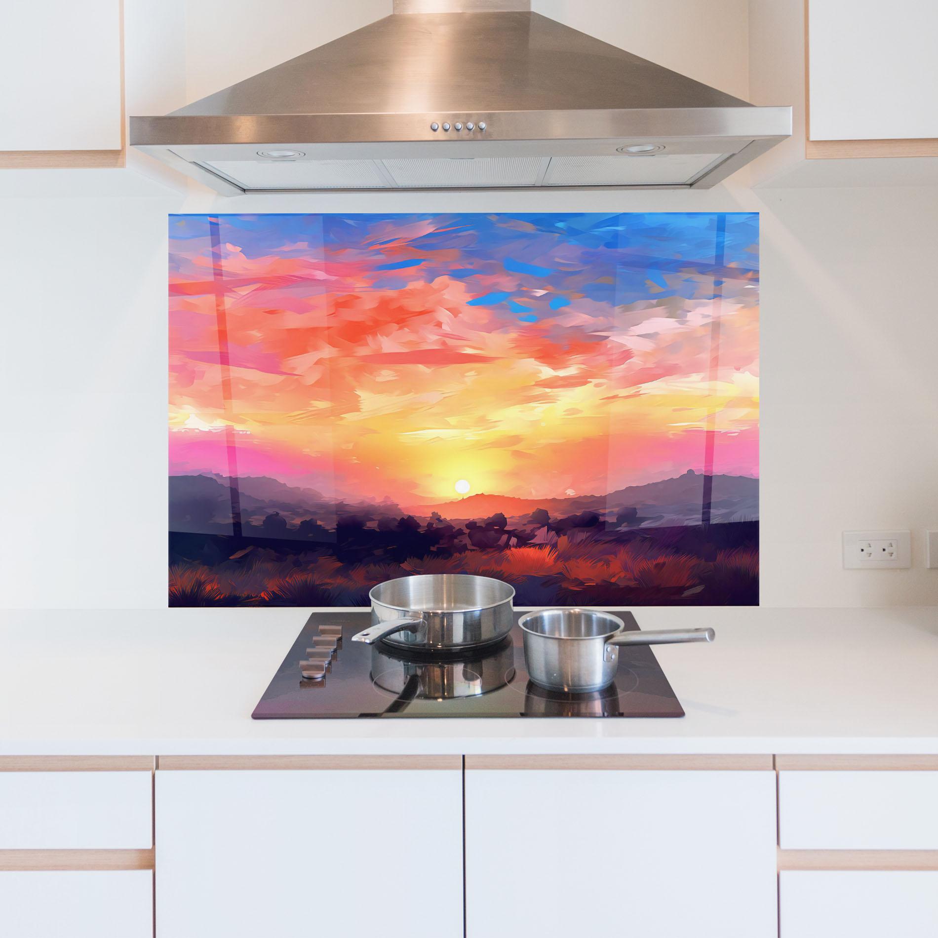 Panou Sticla Bucatarie Colorful Sunset Mountains mockup 5