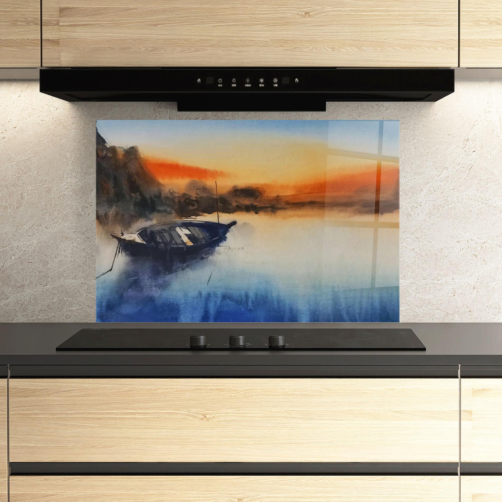 Panou Sticla Bucatarie Boat Sunset mockup 3