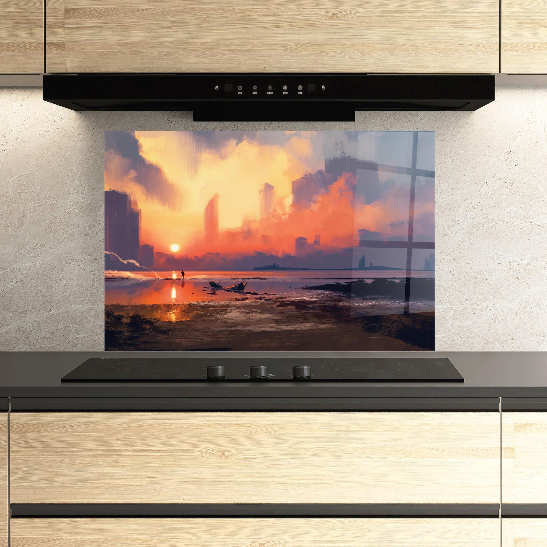 Panou Sticla Bucatarie Skyscrapers Sunset mockup 3