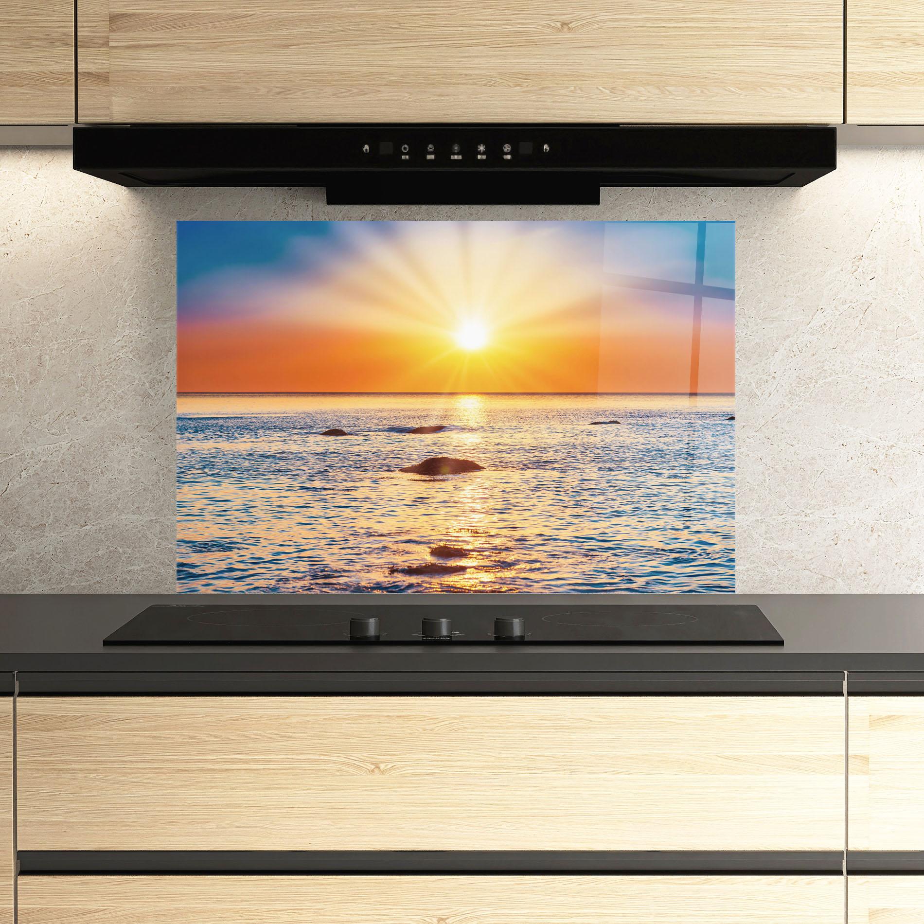 Panou Sticla Bucatarie Sunset Beach Rocks mockup 3