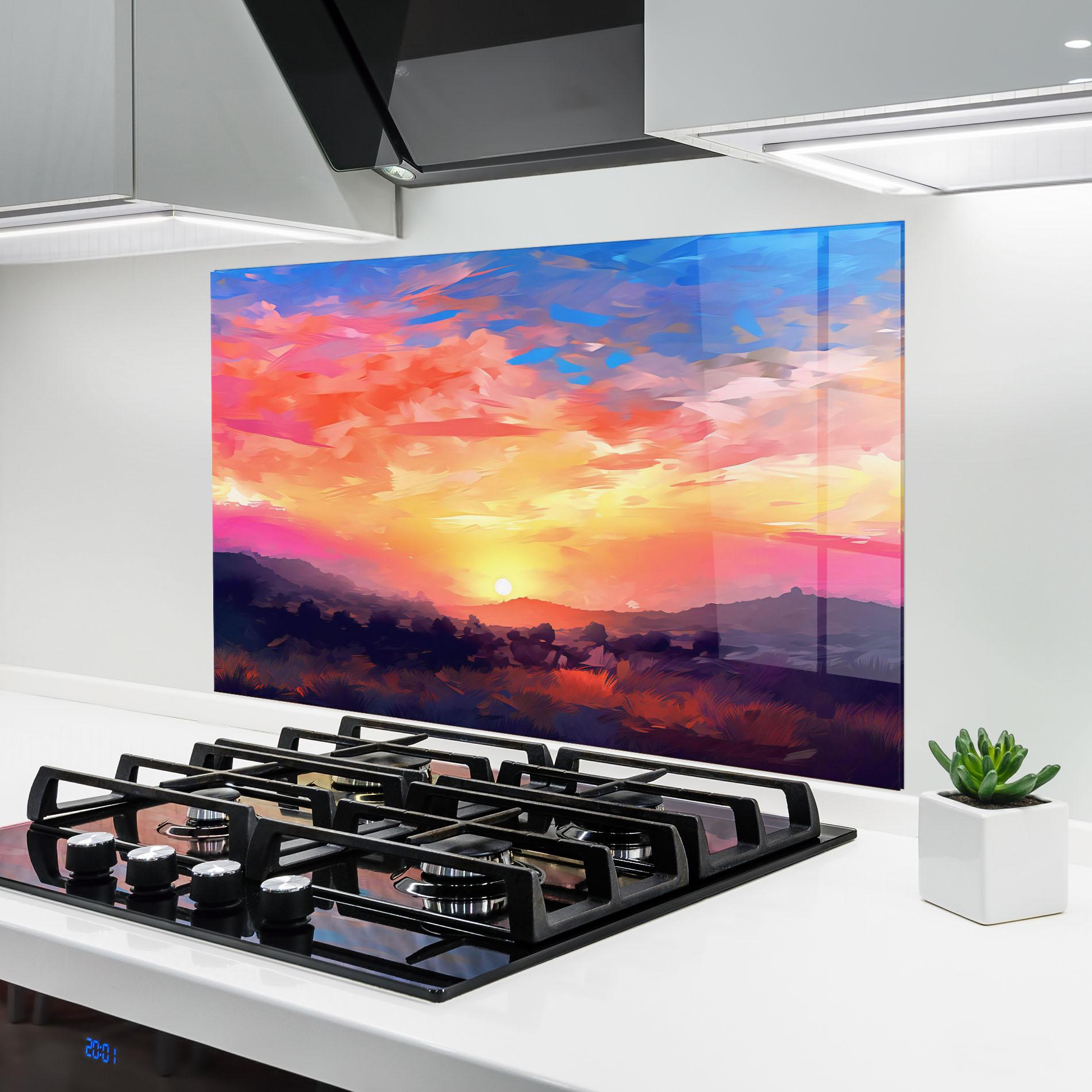 Panou Sticla Bucatarie Colorful Sunset Mountains mockup 6