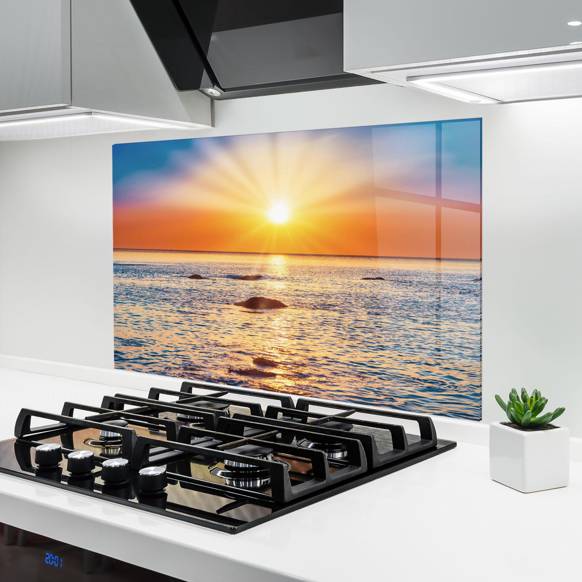 Panou Sticla Bucatarie Sunset Beach Rocks mockup 6